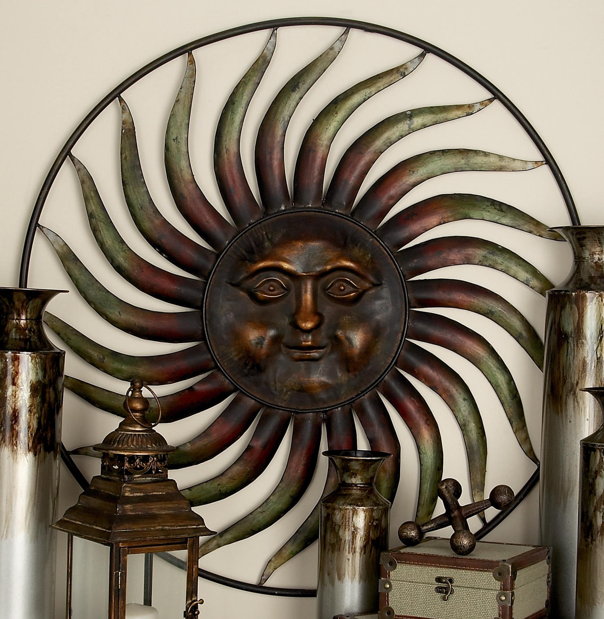 Sun Copper Metal Indoor Outdoor Weathered Home Wall Decor with Green Accents