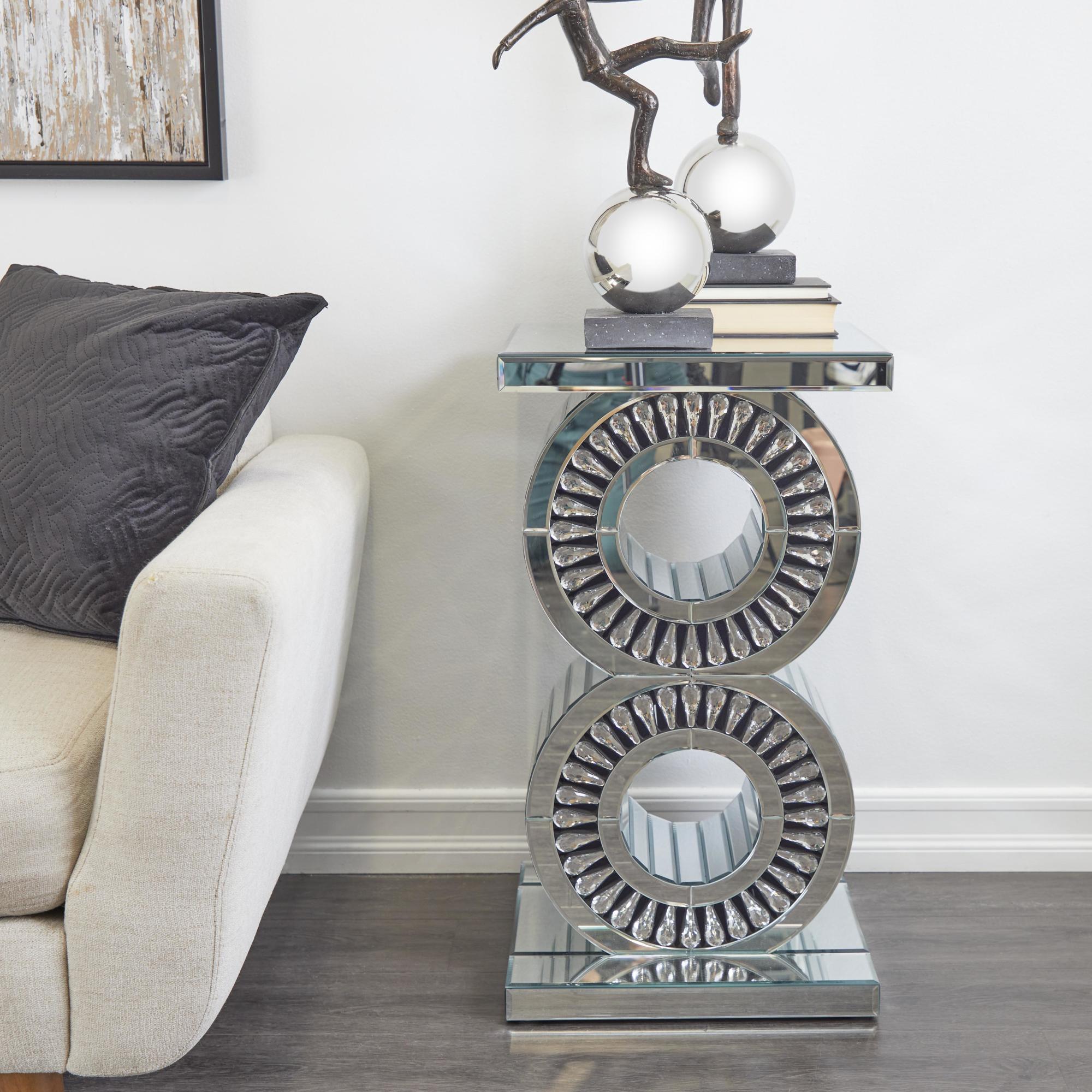 Silver Glass Mirrored Side End Accent Table with Crystal Embellishment