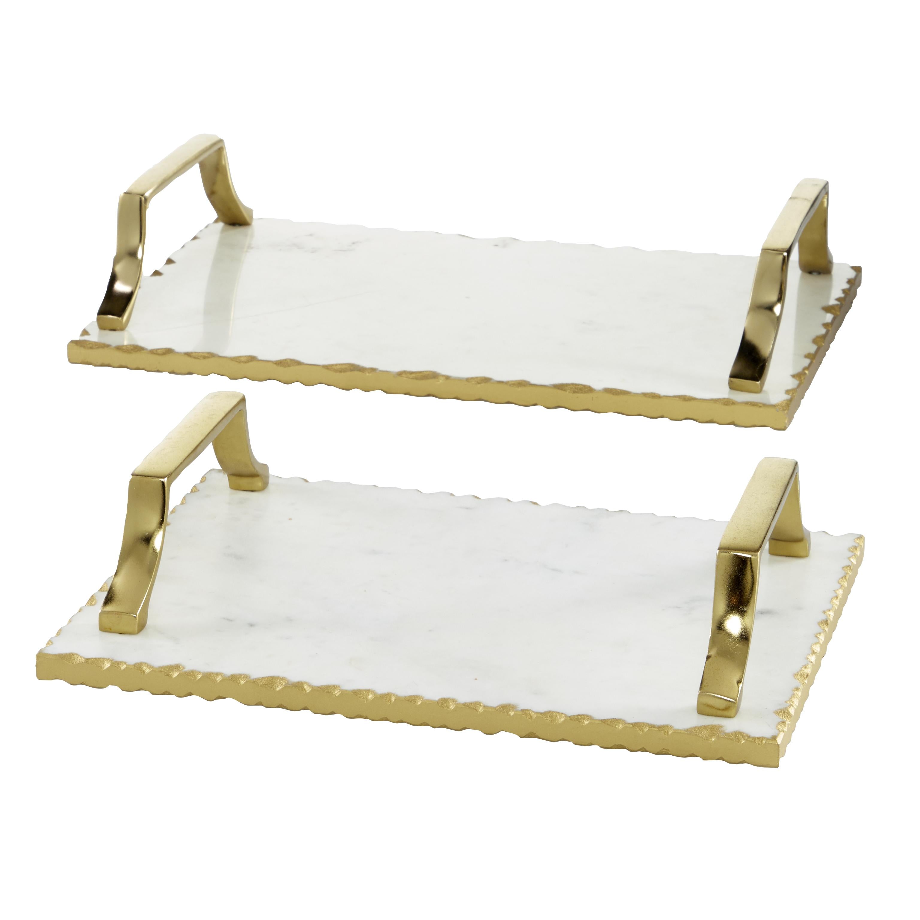 Set of 2 Marble Living Room Decor Tray with Gold Handles