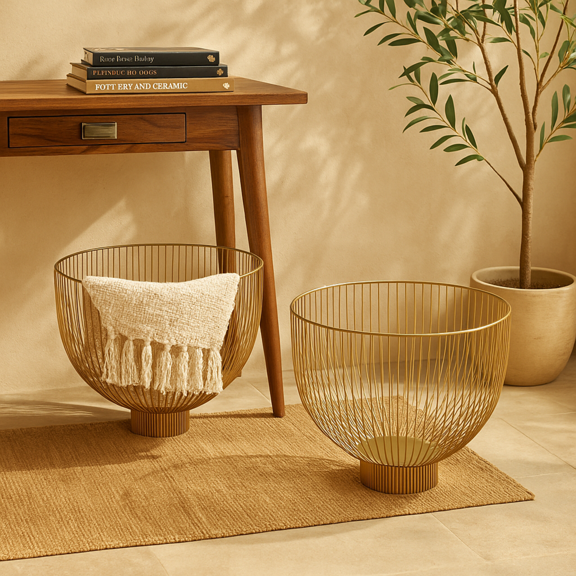 Set of 2 Gold Metal Caged Style Large Decorative Bowl