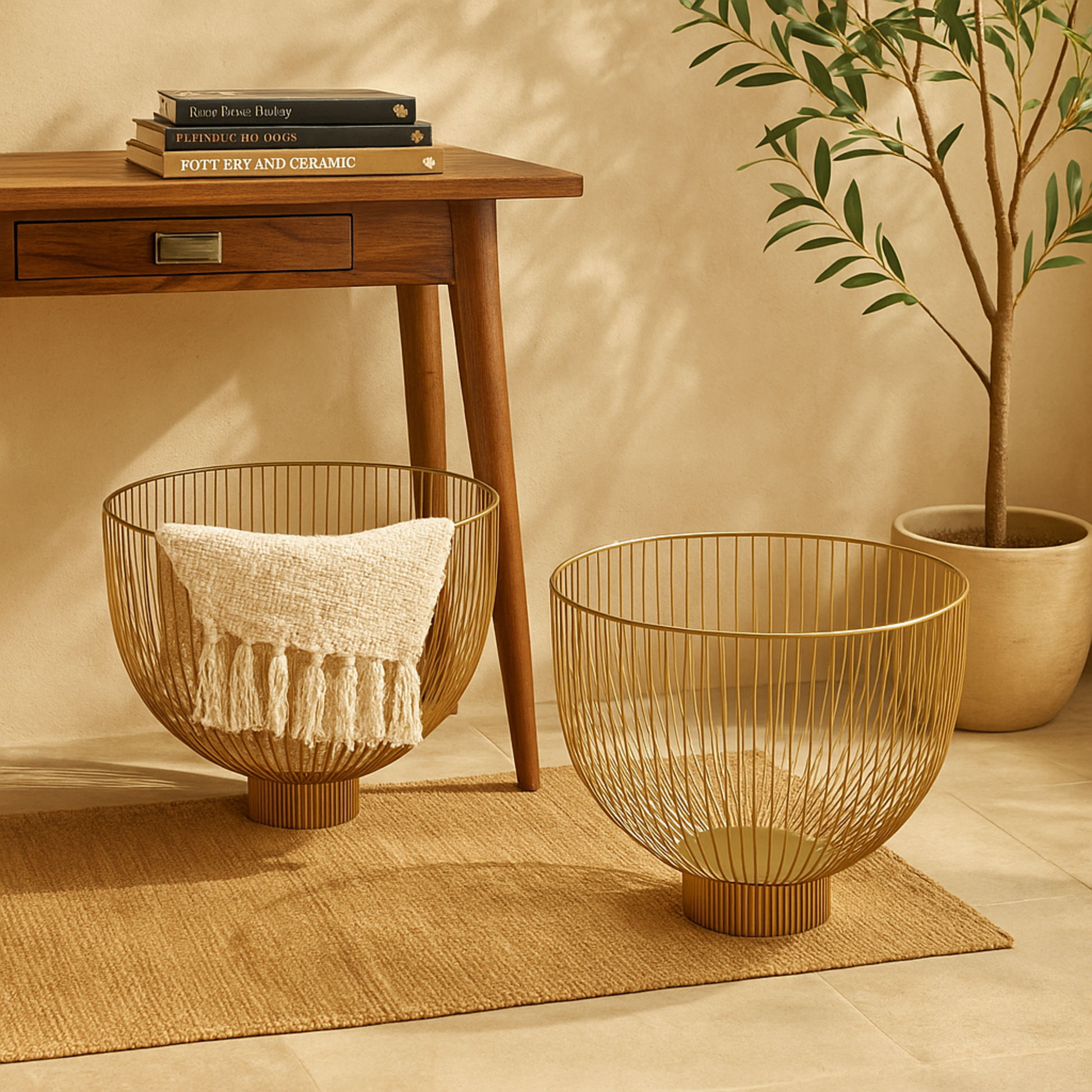 Set of 2 Gold Metal Caged Style Large Decorative Bowl