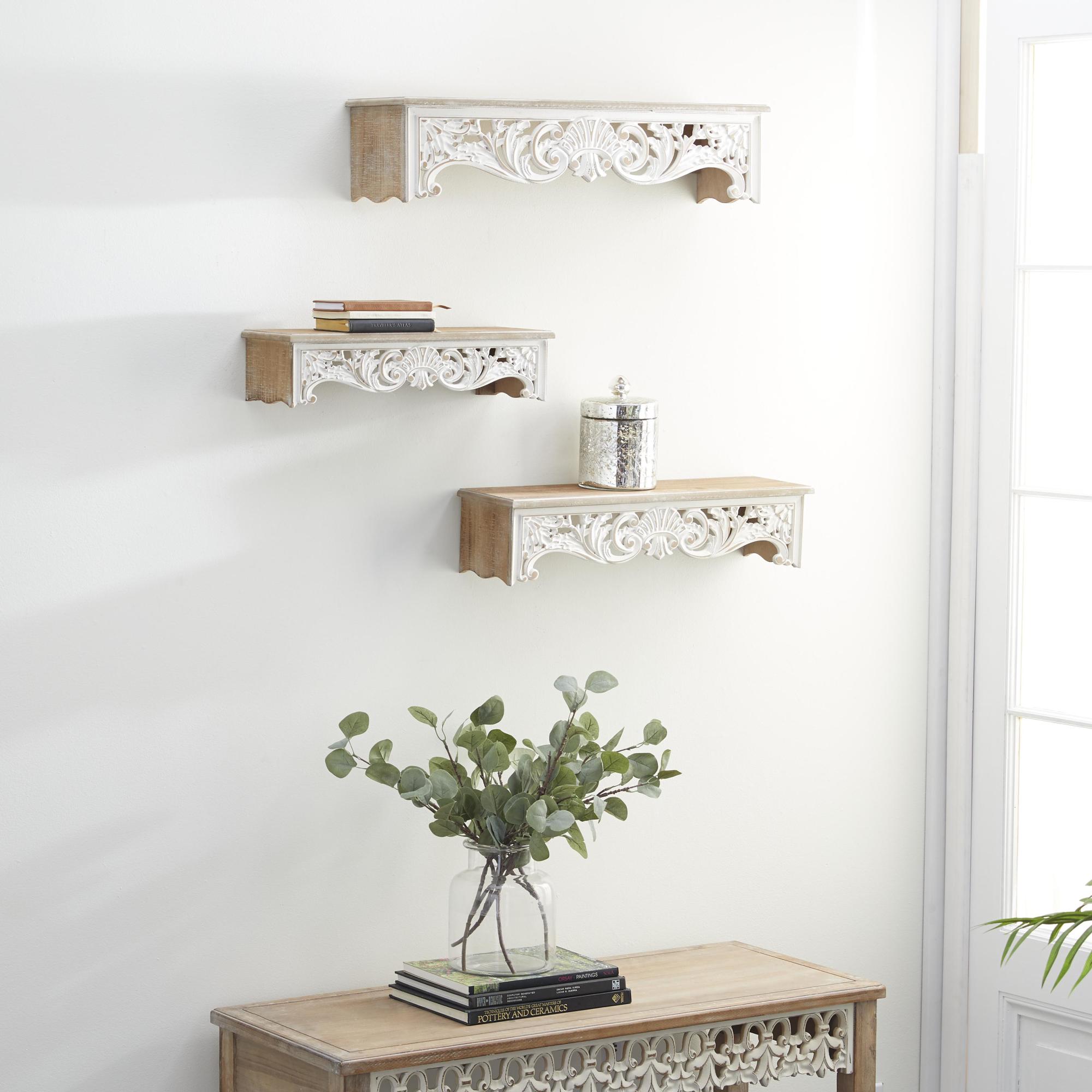 Set of 3 Scroll Cream Wooden Carved 3 Shelves Room Wall Shelf