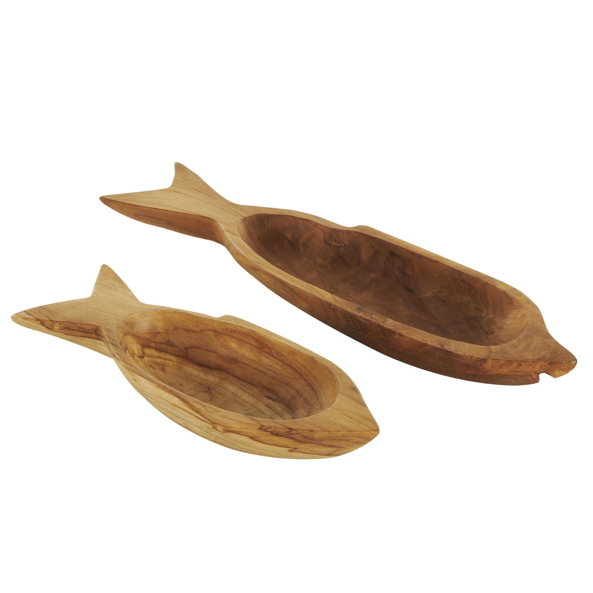 Set of 2 Fish Brown Teak Wood Handmade Carved Living Room Decor Tray
