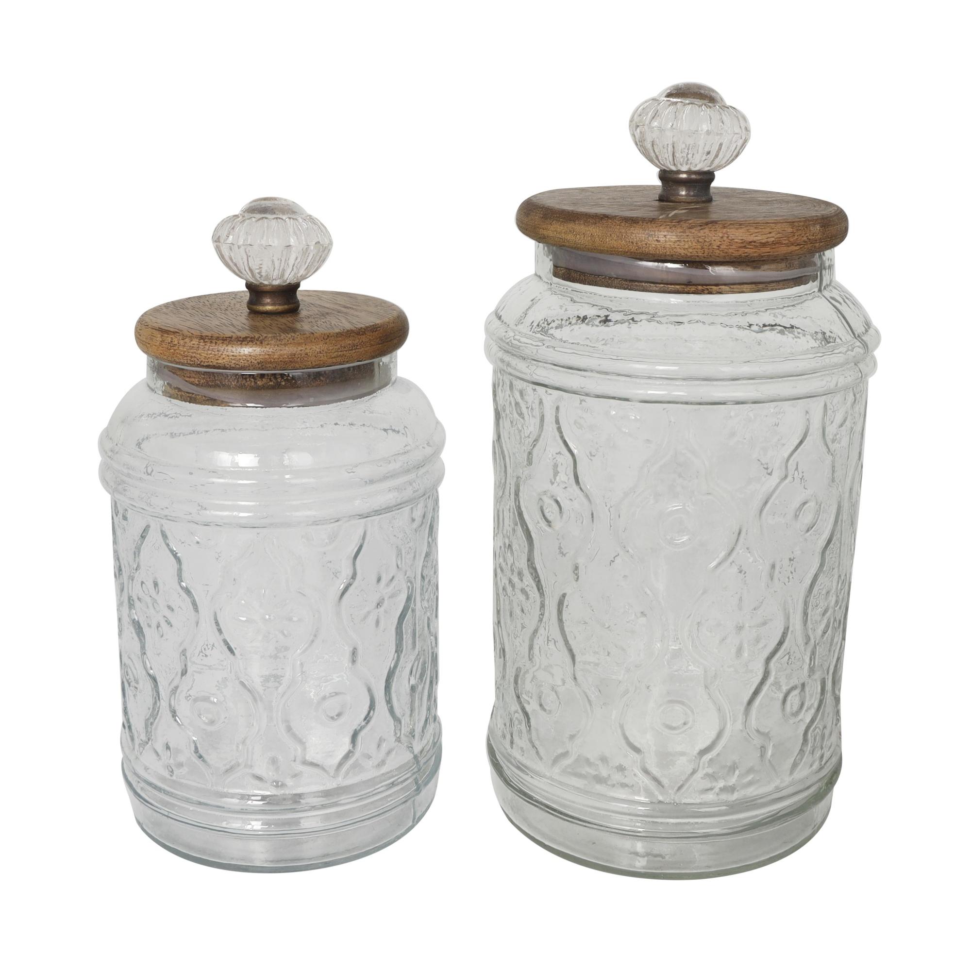 Set of 2 Floral Clear Glass Living Room Decorative Jars with Brown Wooden Lids and Antique Style Knobs
