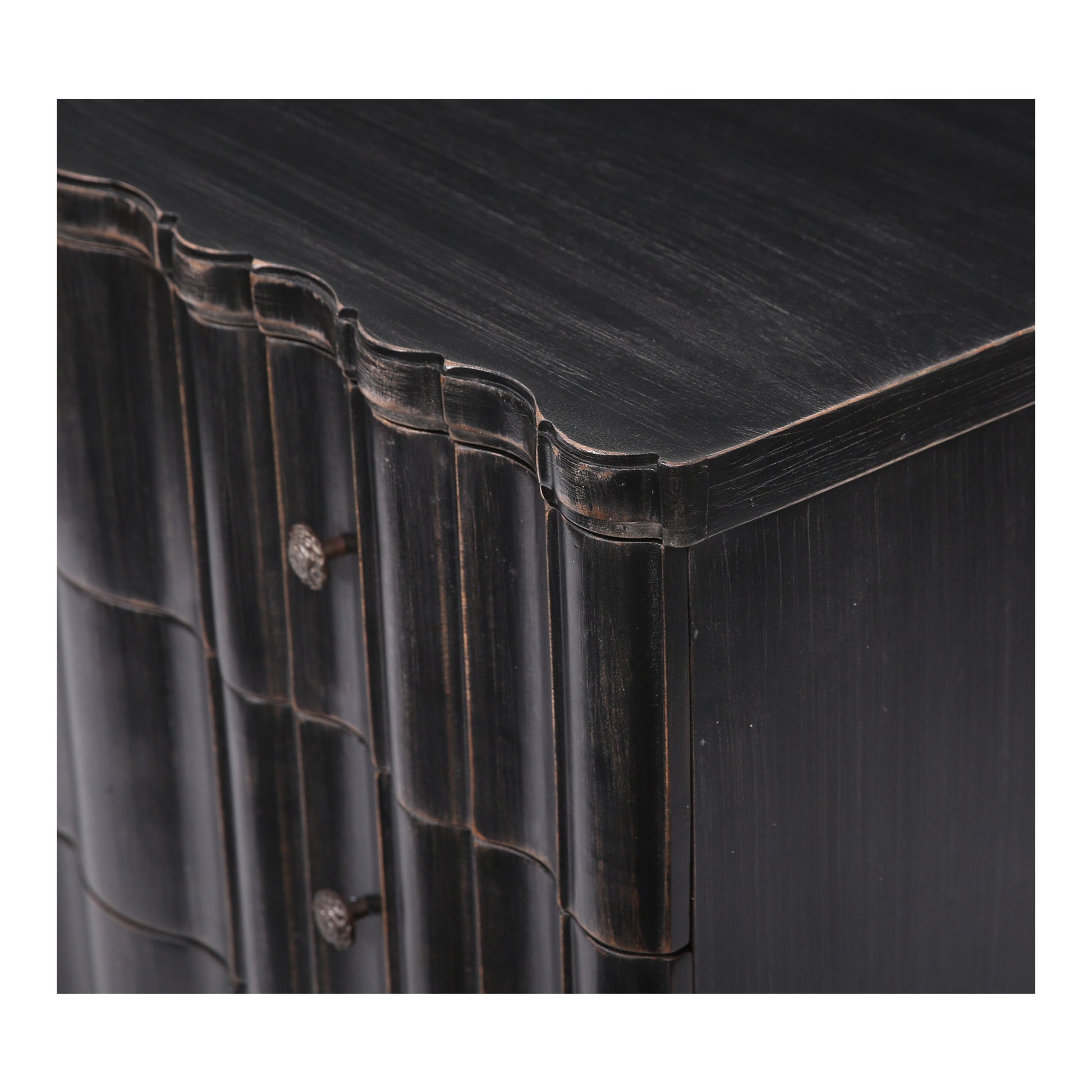 Black Mango Wood Distressed Scalloped 3 Drawer Room Chest with Vintage Knobs and Ball Feet