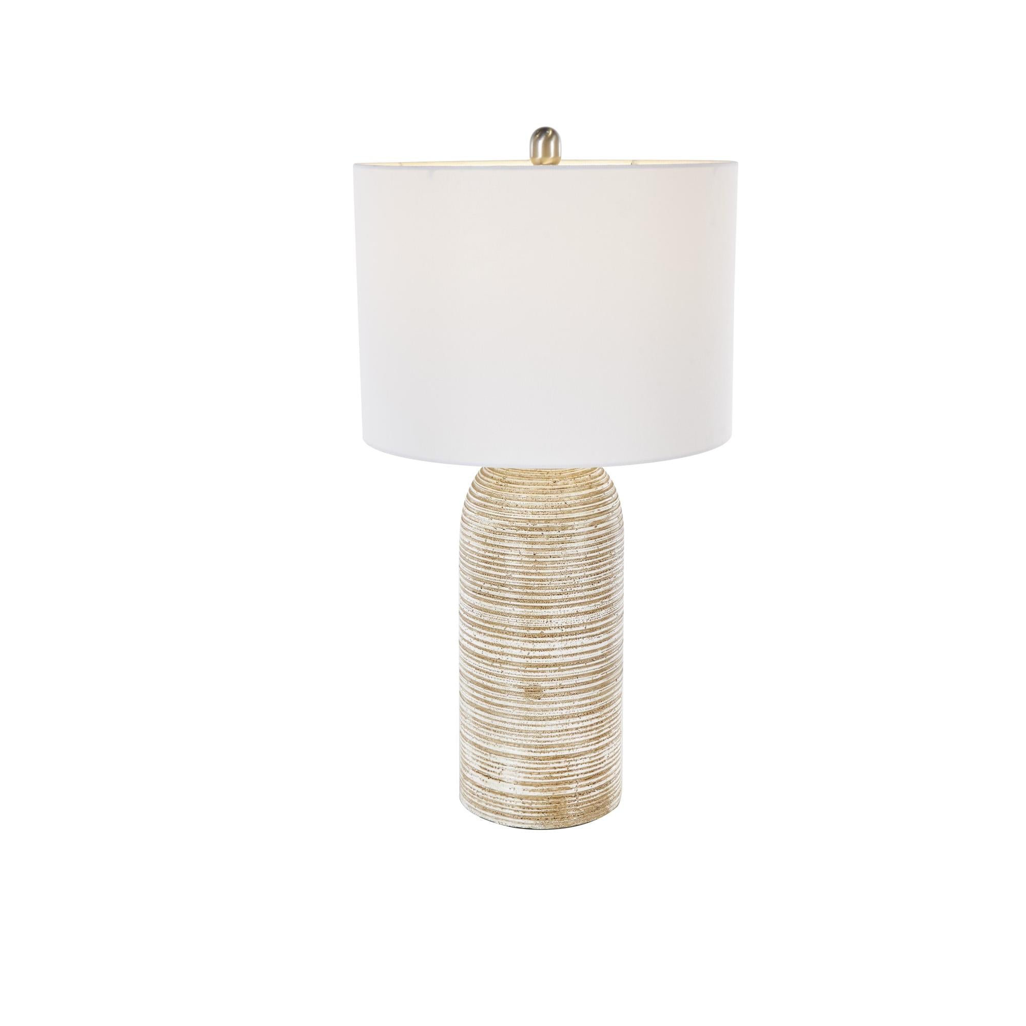 Brown Wood Room Table Lamp with White Drum Shade