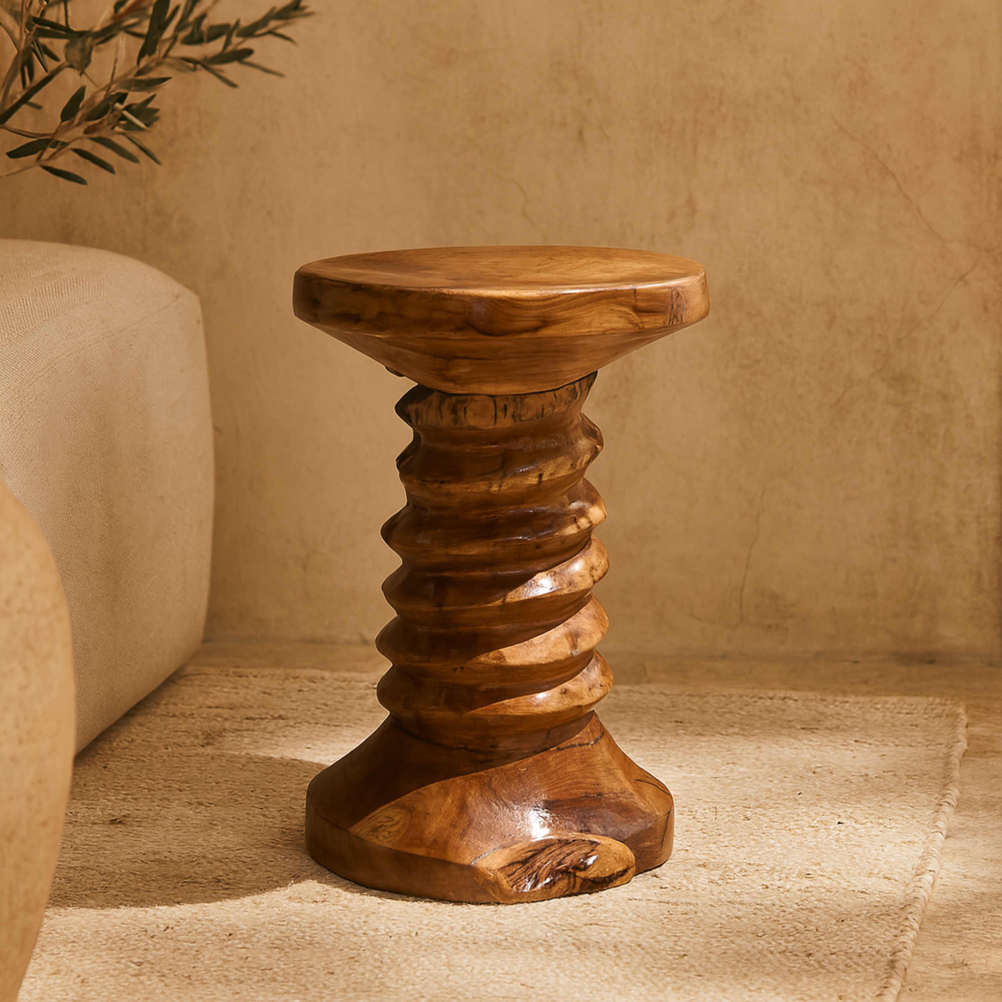 Brown Teak Wood Handmade Live Edge Side End Accent Table with Coiled Base