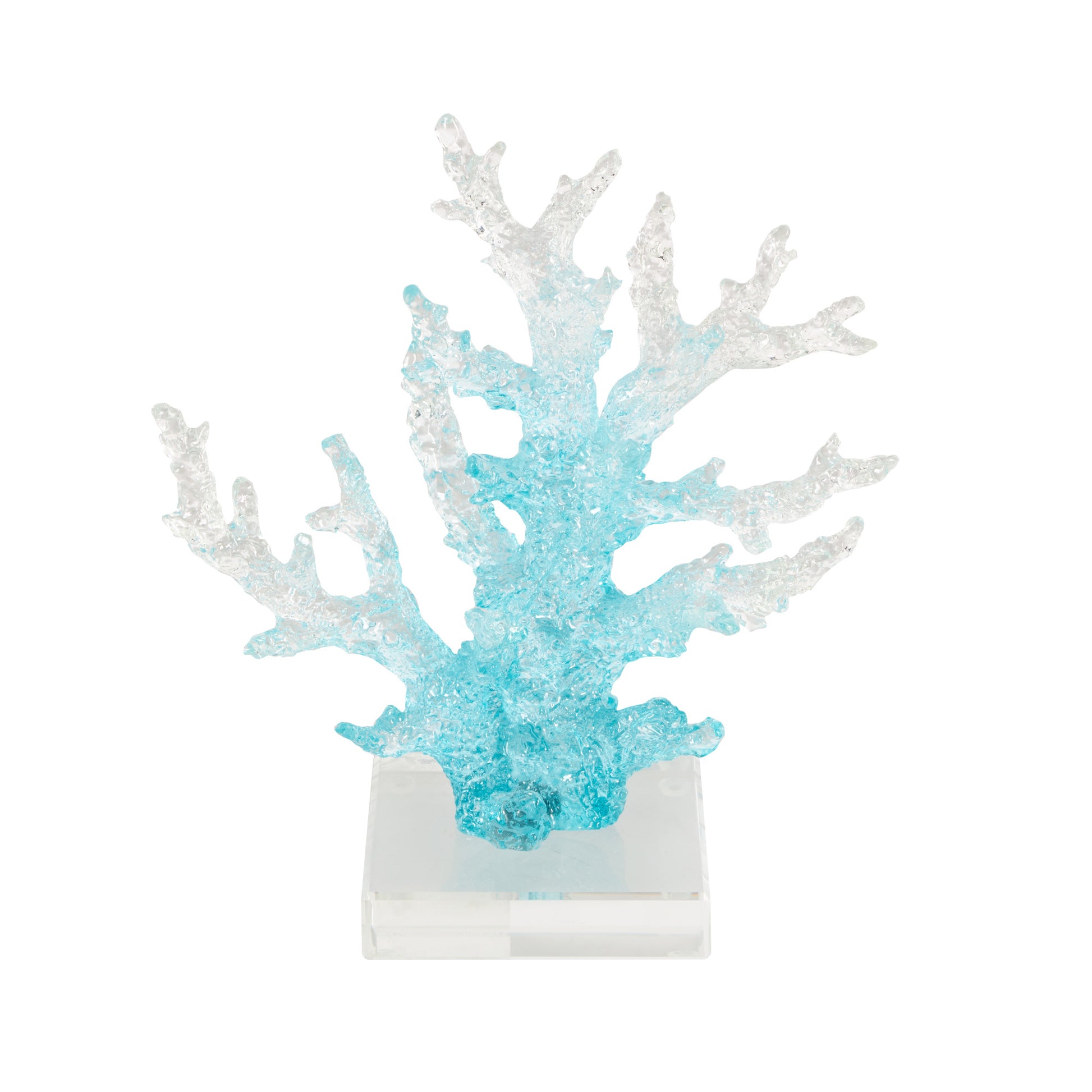 Coral Blue Glass Ombre Decorative Sculpture with Clear Square Base