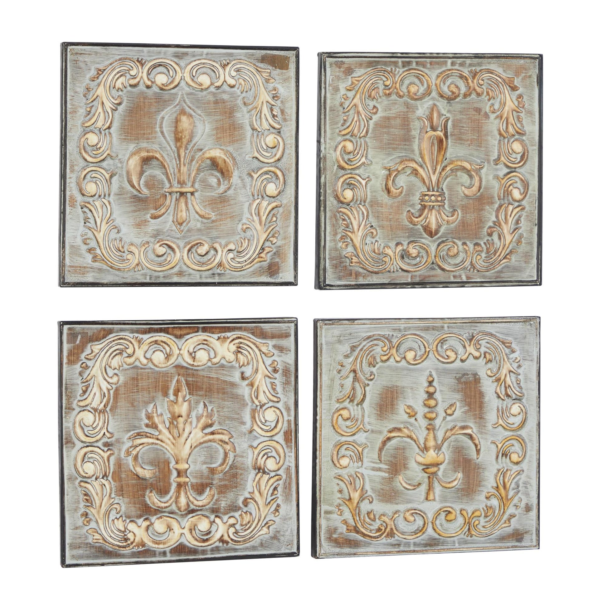Set of 4 Fleur De Lis Green Metal Embossed Home Wall Decor with Scroll Details