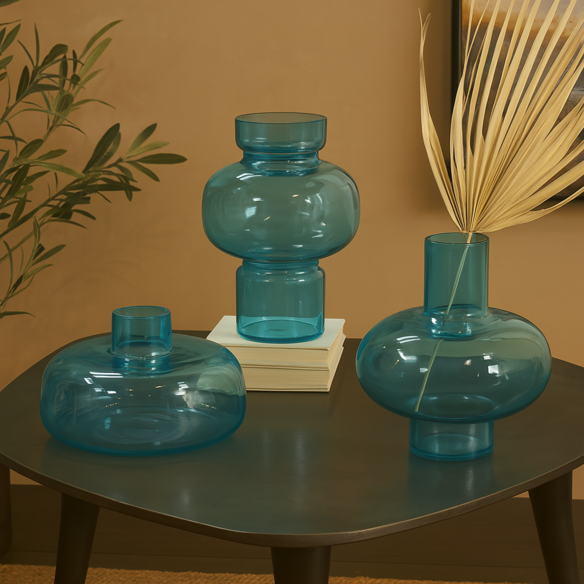 Set of 3 Glass Round Decorative Vase with Varying Shapes and Sizes