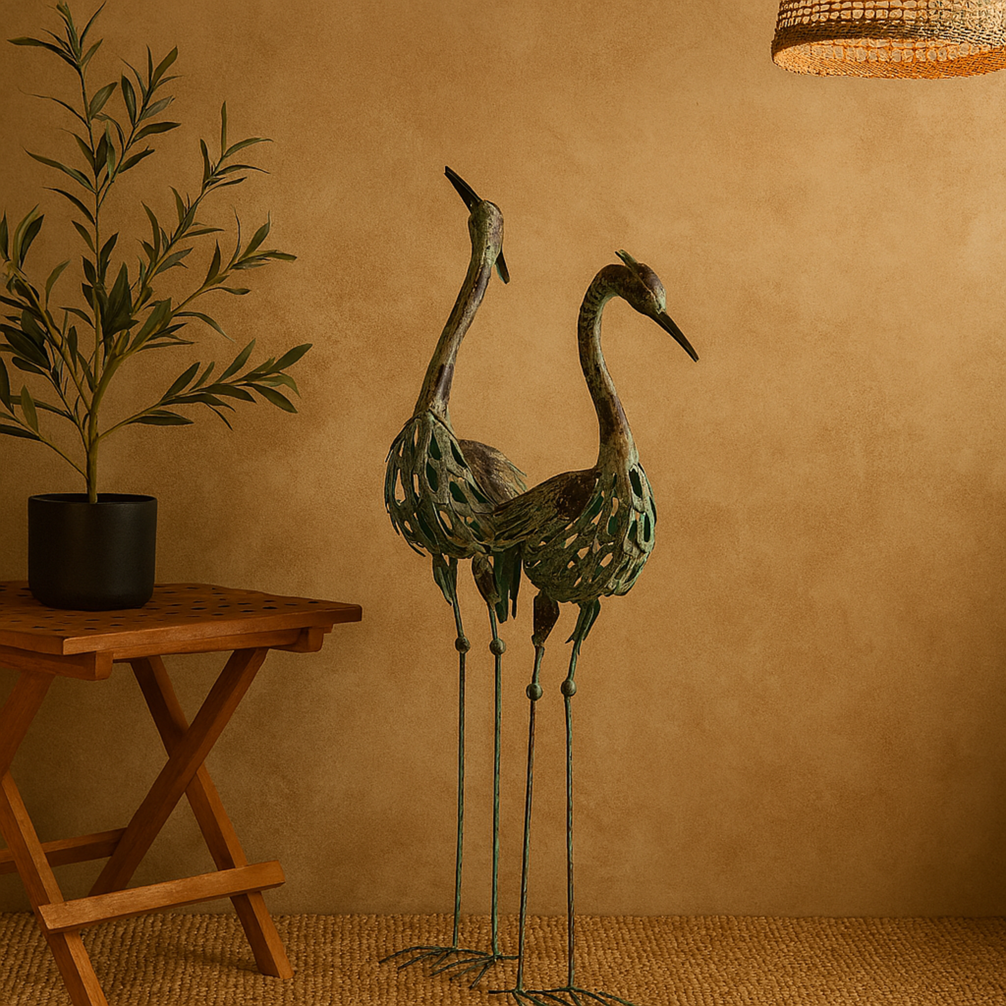 Set of 2 Crane Green Metal Indoor Outdoor Decorative Garden Sculpture