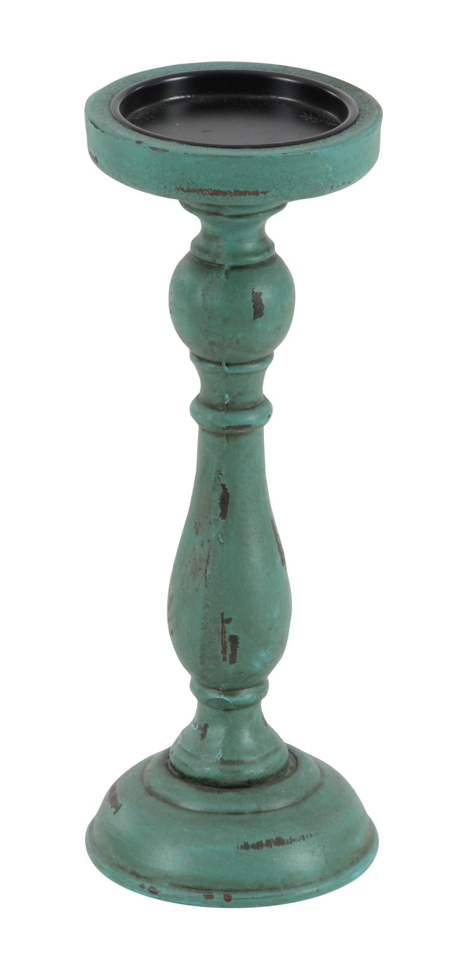 Set of 3 Teal Wooden Distressed Turned Decorative Candle Holder