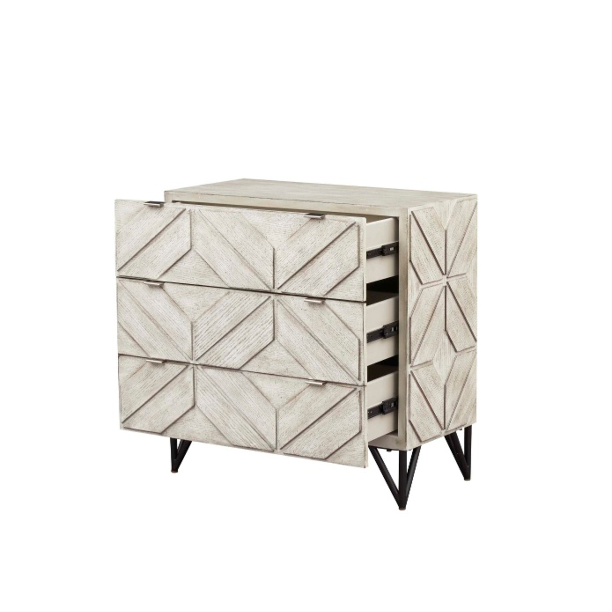 Geometric Light Gray Wooden 3D Diamond Patterned 3 Drawer Room Dresser with Black Tripod Legs and Silver Handles