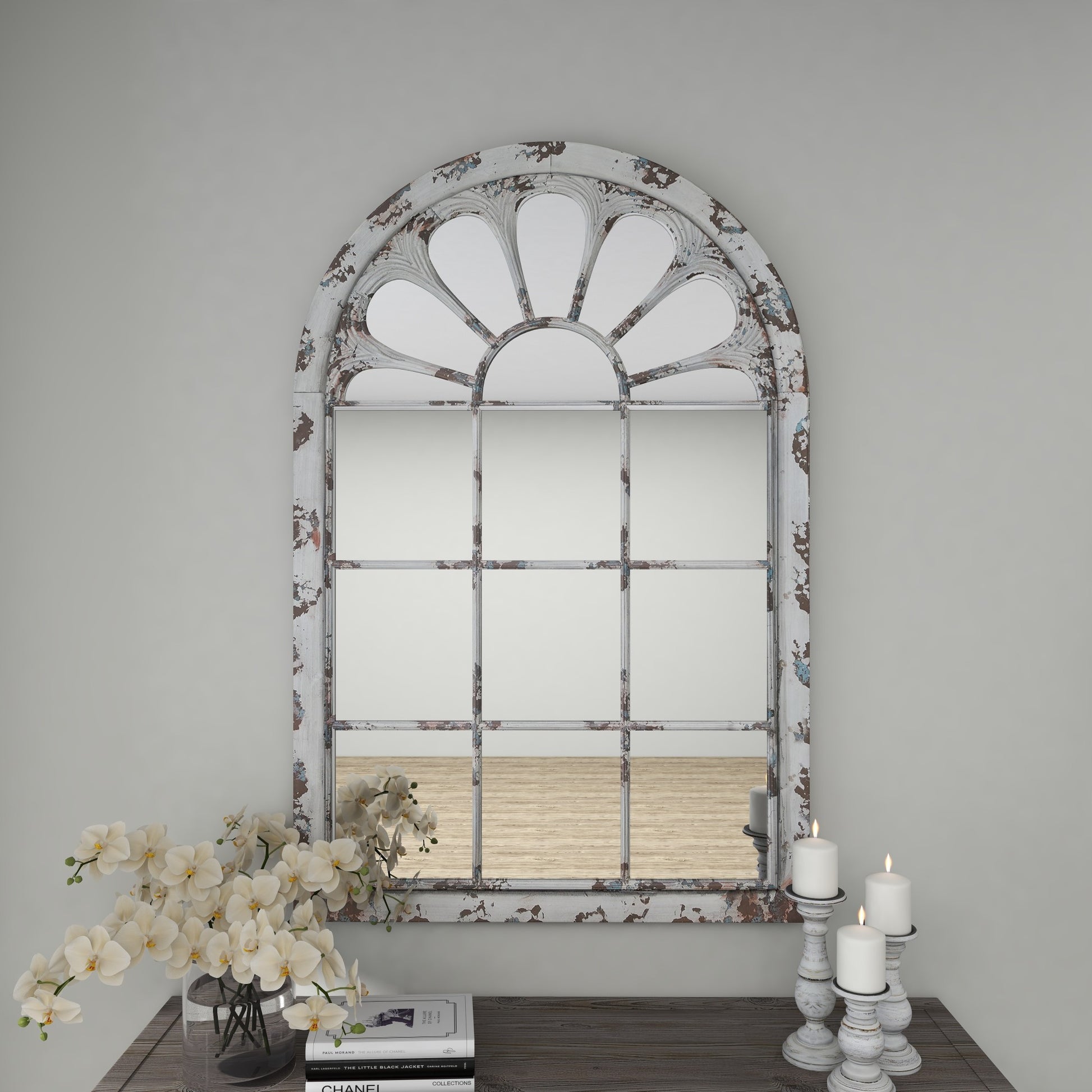White Metal Window Pane Inspired Room Wall Mirror with Arched Top