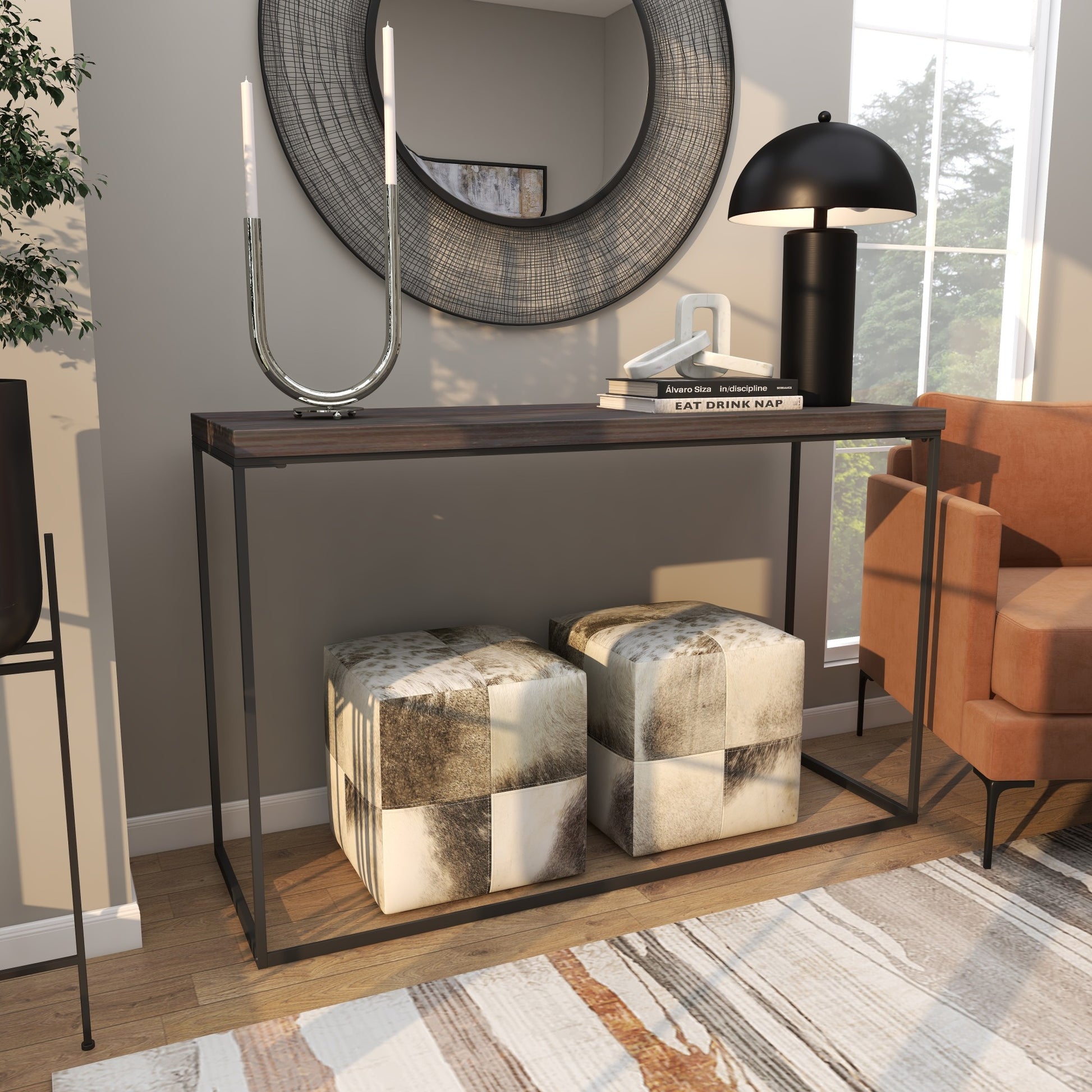 Dark Brown Wood Living Room Console Table with Black Metal Legs