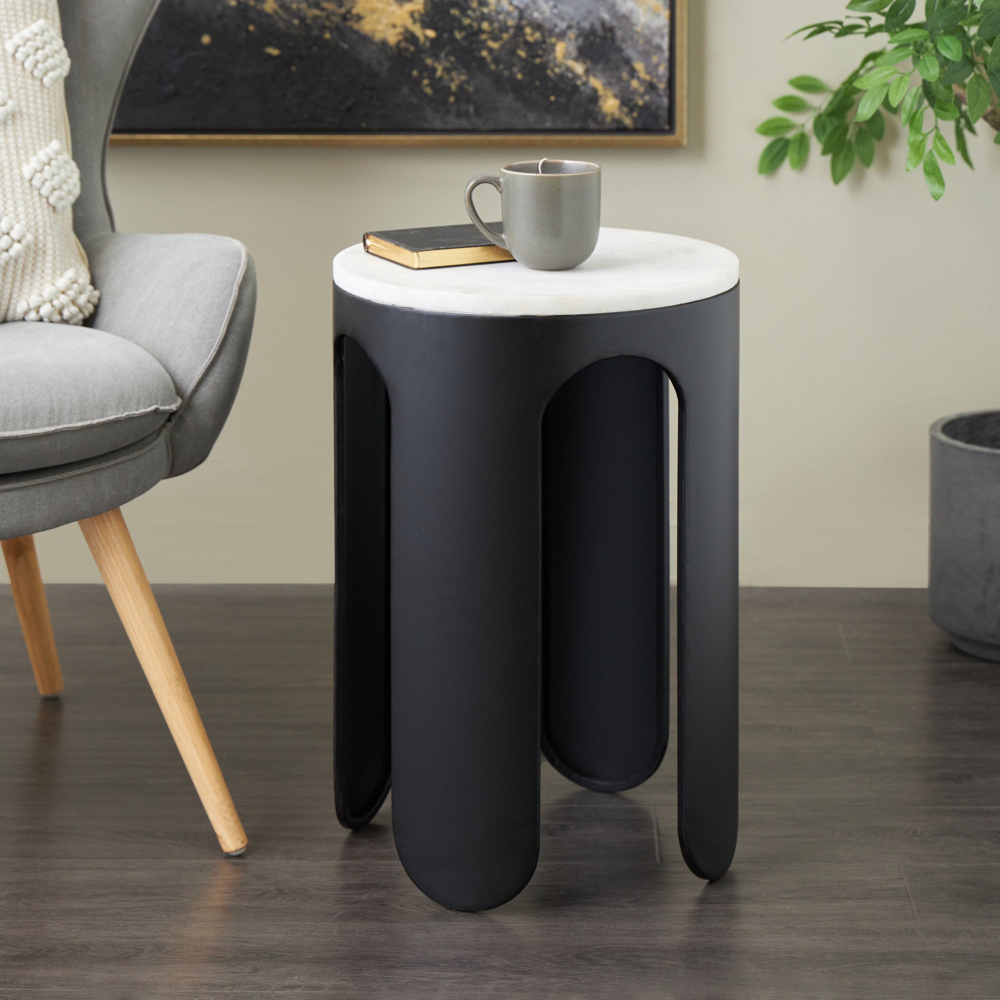 Black Metal Round Side End Accent Table with White Marble Tabletop