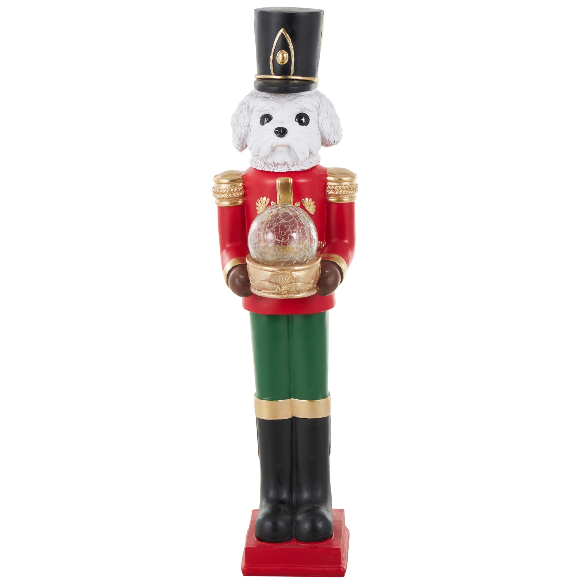 Dog Red Fiberglass Tall Soldier Nutcracker Decorative Christmas Sculpture with LED Light Snow Globe