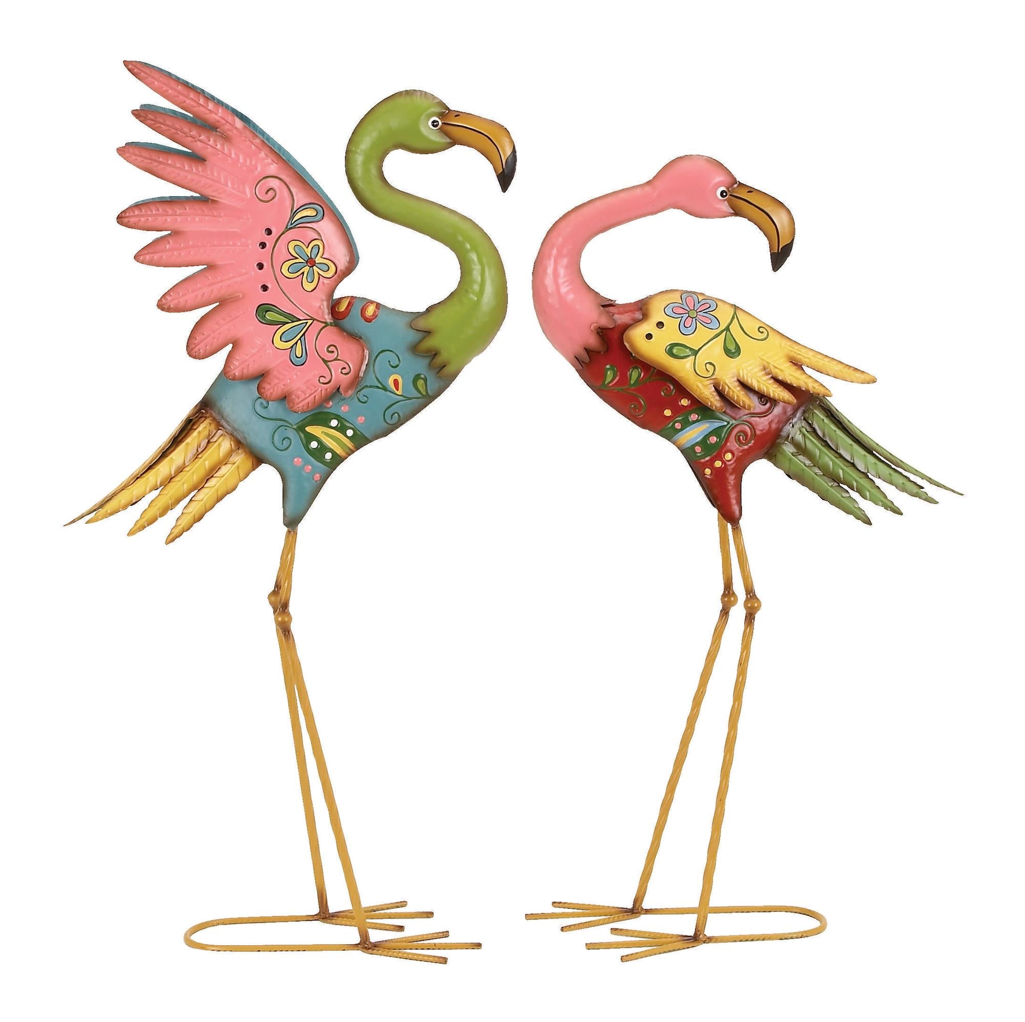 Set of 2 Flamingo Multi Colored Metal Indoor Outdoor Embossed Standing Decorative Garden Sculpture