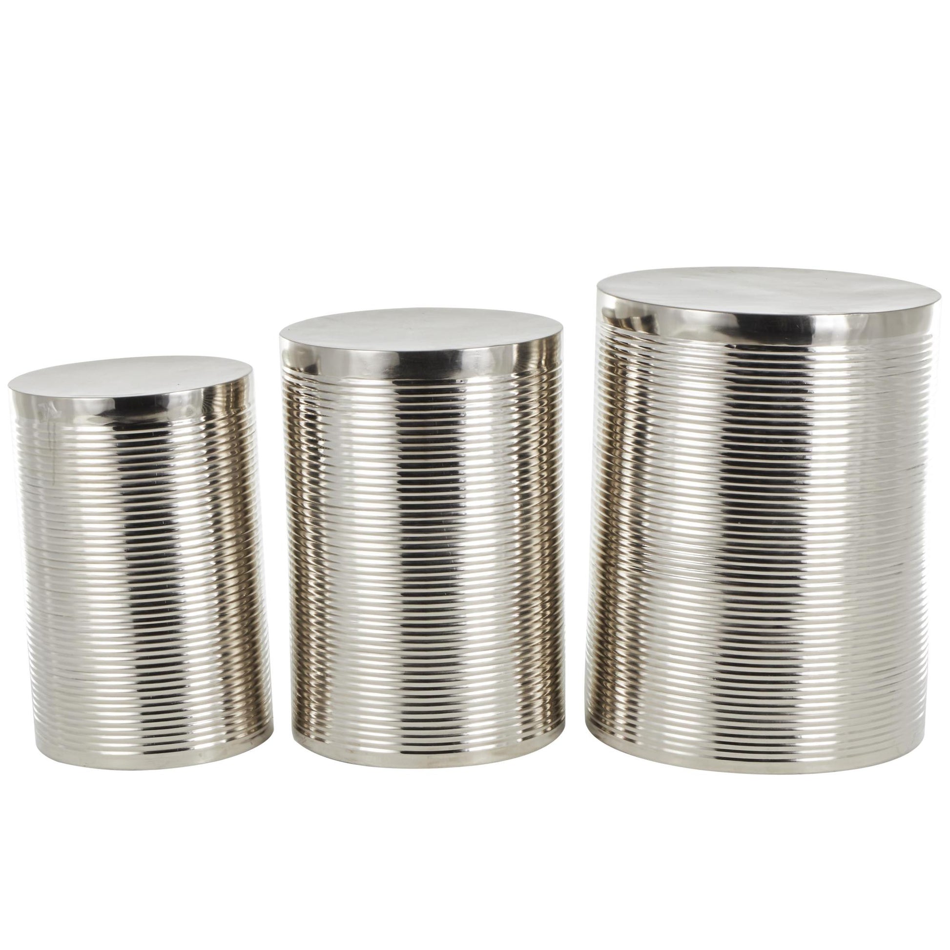 Set of 3 Metal Ribbed Drum Side End Accent Table Set of 3 24", 22", 20"H