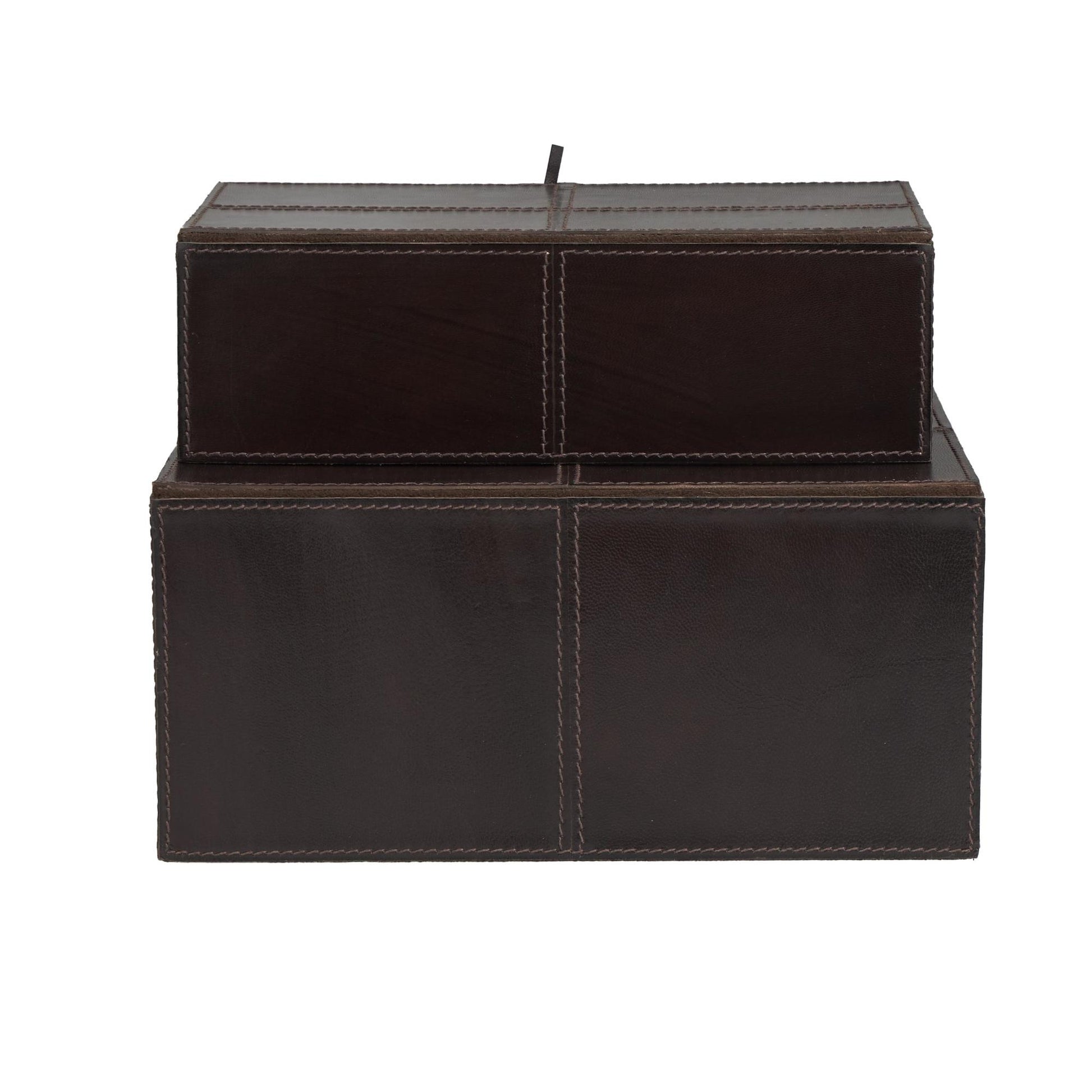 Set of 2 Leather Handmade Cowhide Storage Decorative Box with Leather Loop Closure and Stitching Detail