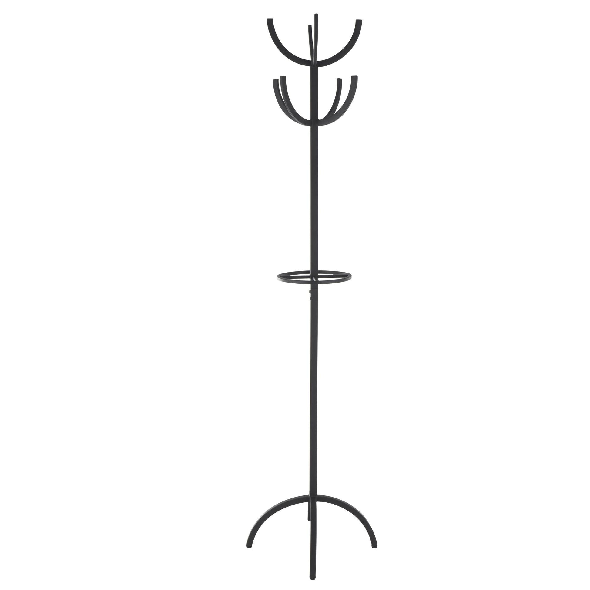 Black Metal 8 Hook Freestanding Coat Rack with Ached Legs and Circular Center Storage