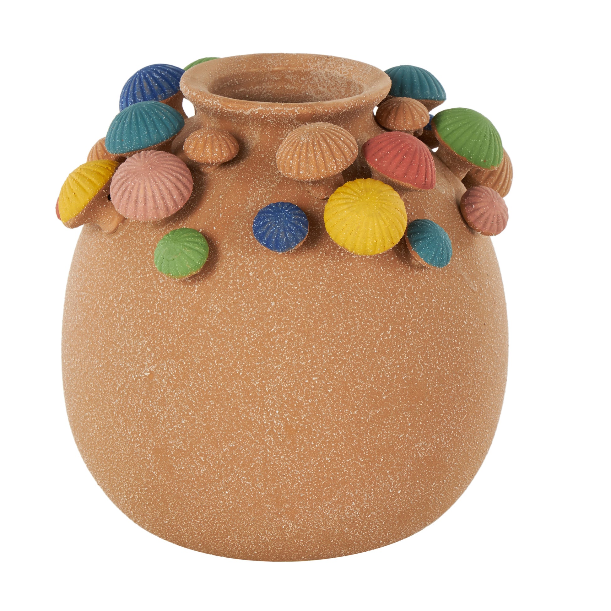 Mushroom Brown Ceramic Round Wide Decorative Vase with Multicolor Accents and White Speckles