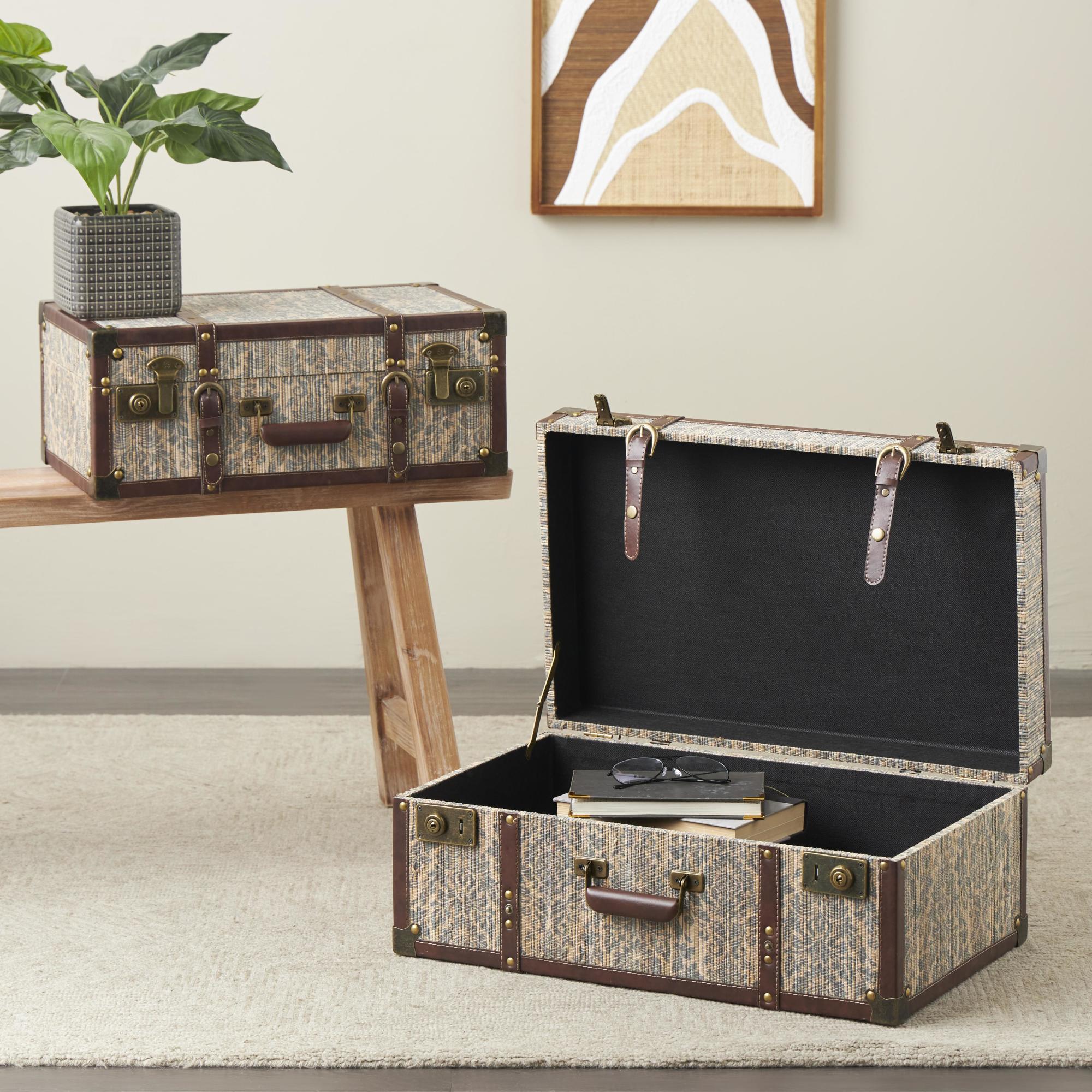 Set of 2 Floral Blue Wooden Vintage Storage Decorative Trunk with Brown Leather Accents and Gold Studs