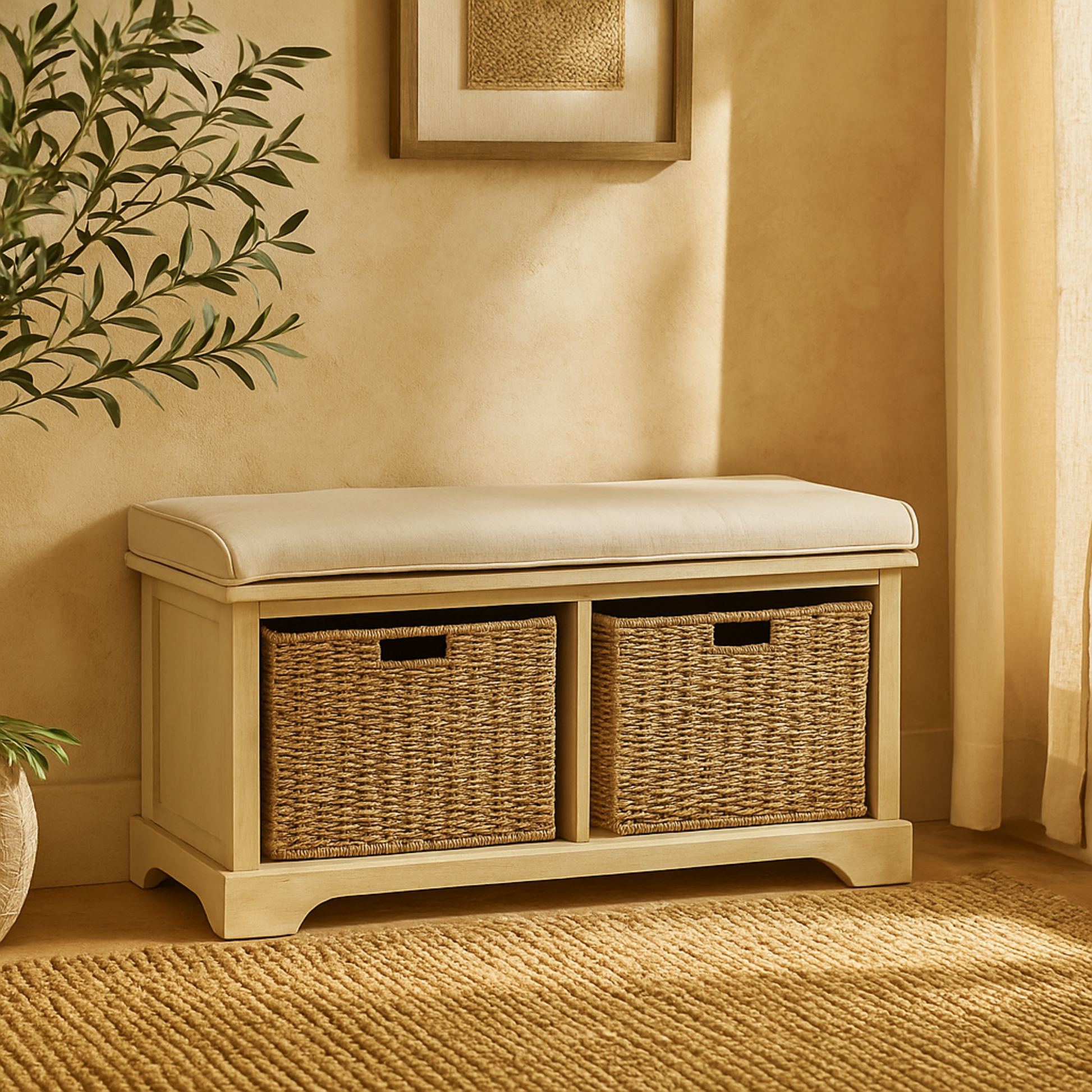 White Wood Room Storage Bench with Brown Seagrass Baskets and Cushioned Seat