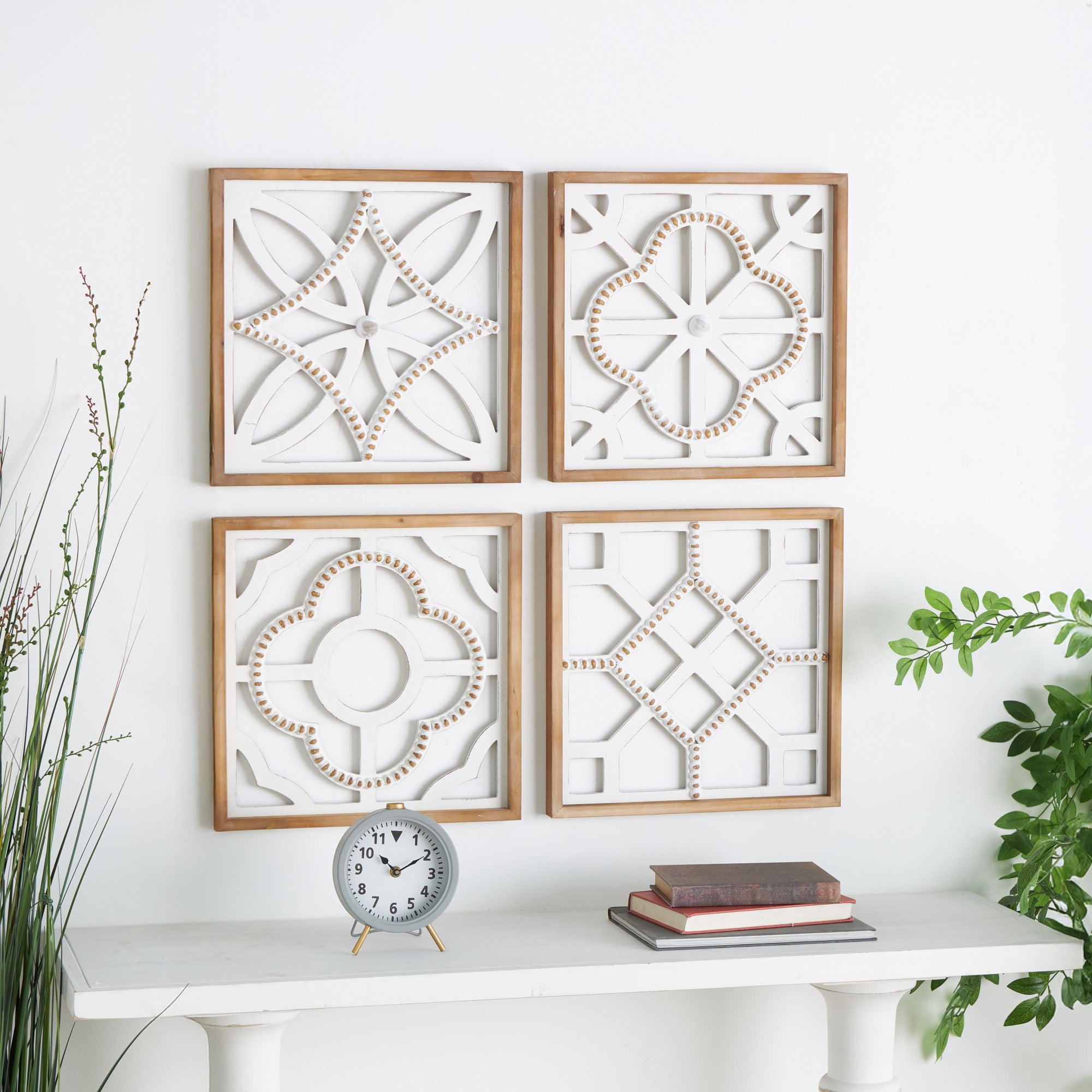Set of 4 Geometric White Wood Beaded Home Wall Decor