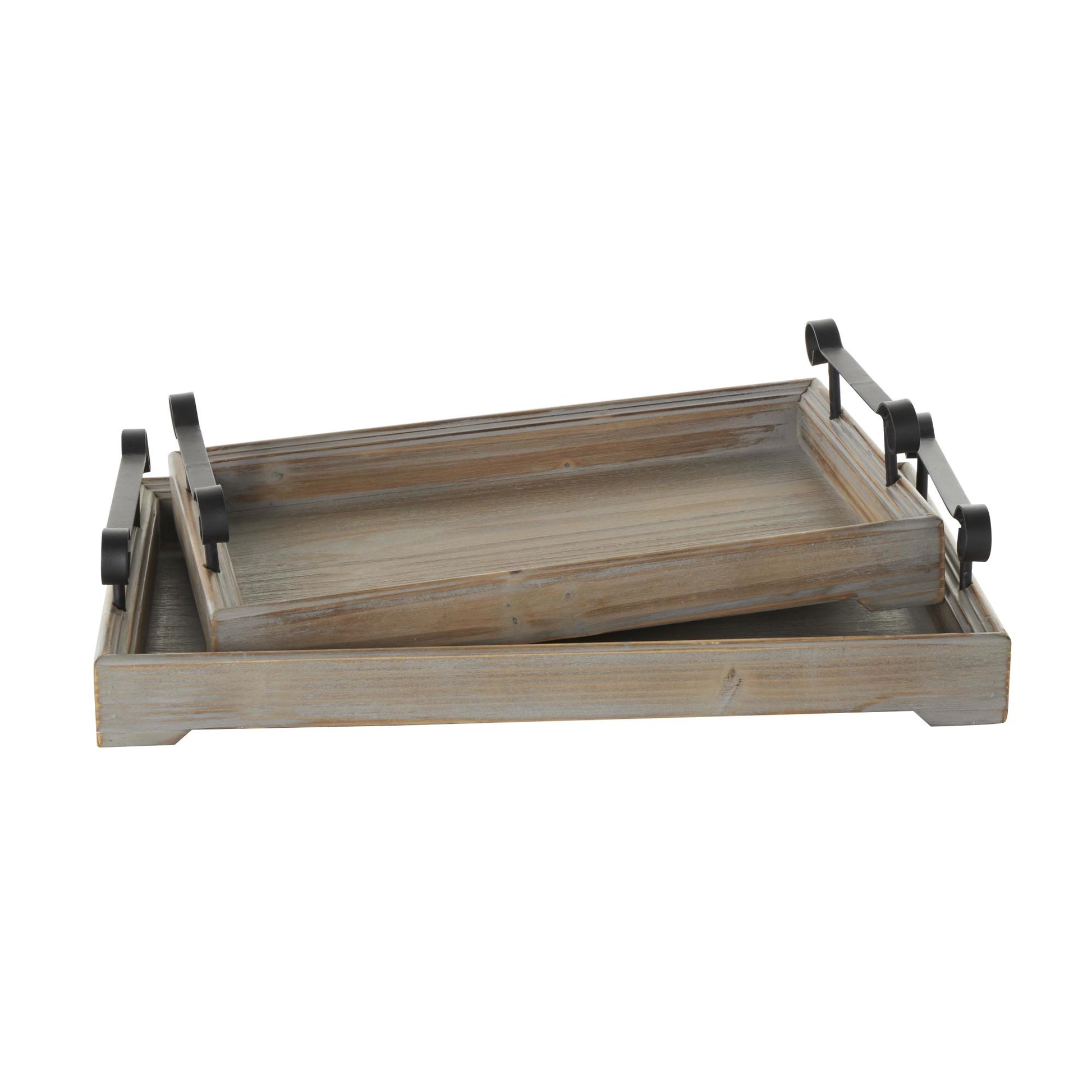 Set of 2 Wood Living Room Decor Tray with Metal Handles