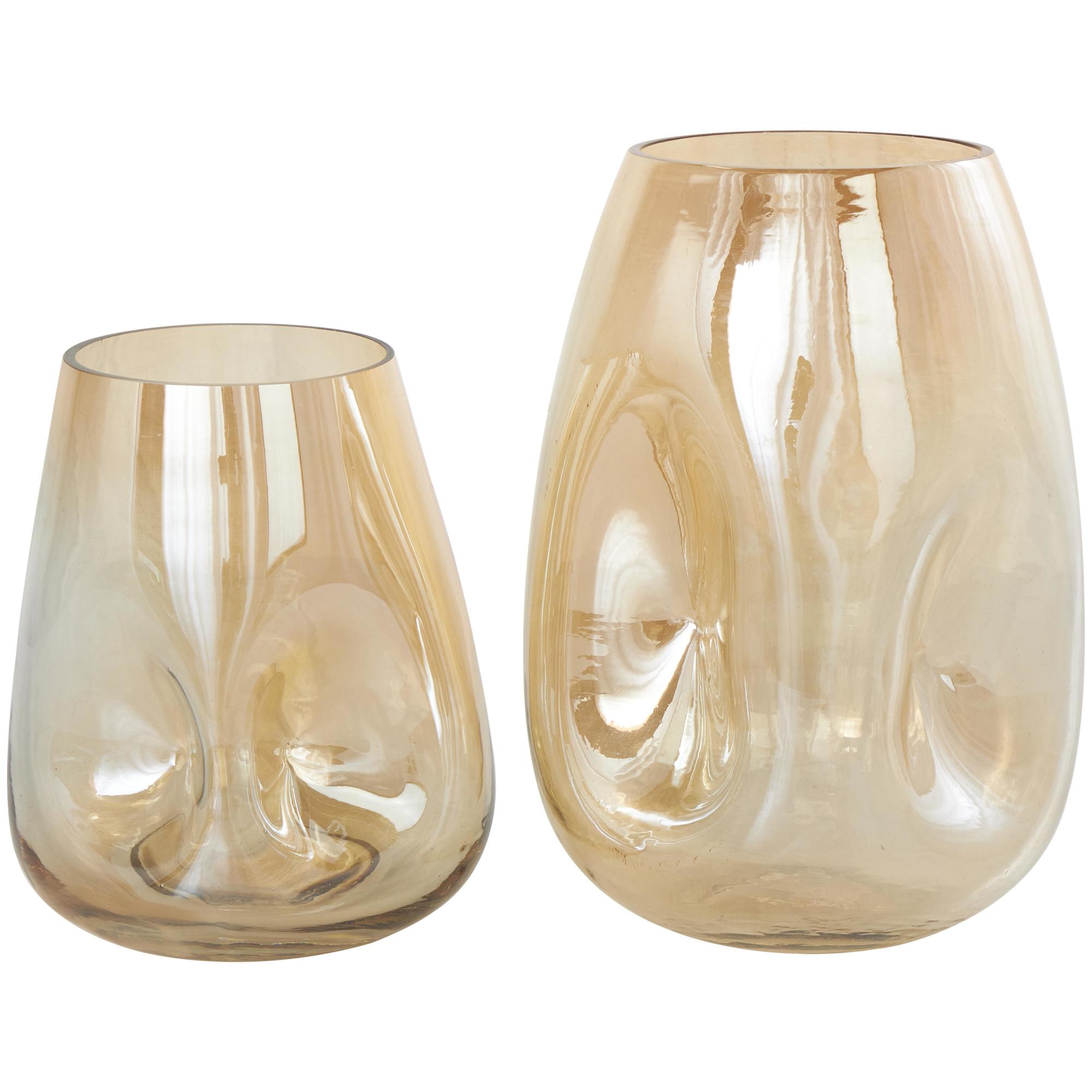 Set of 2 Abstract Gold Glass Concaved Iridescent Decorative Vase