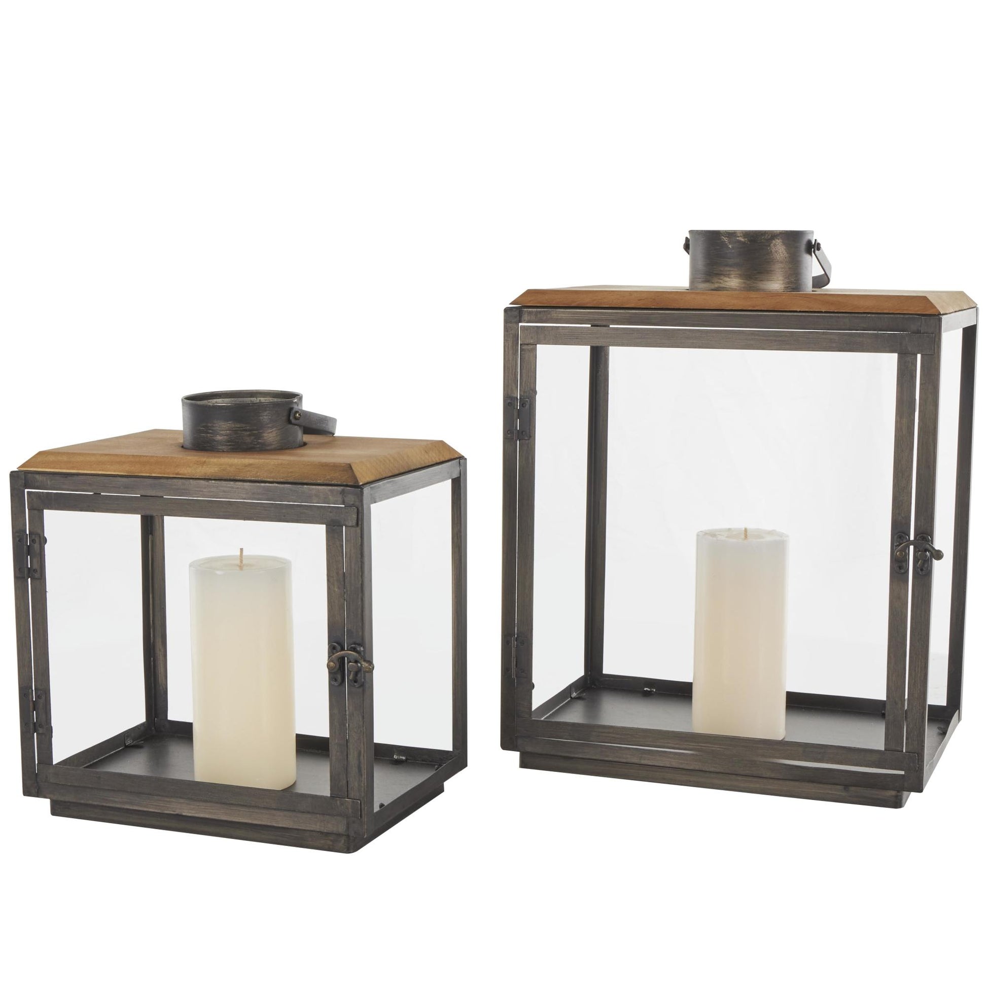 Set of 2 Dark Gray Metal Brushed Rectangular Indoor Outdoor Candle Lantern with Brown Wood Tops