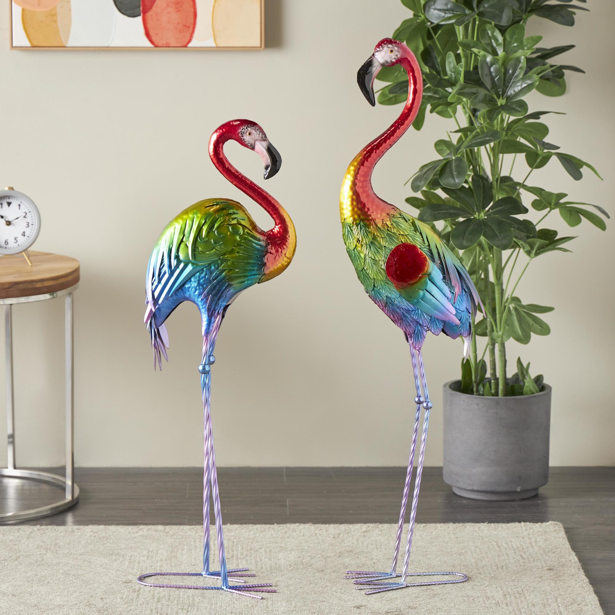Set of 2 Flamingo Multi Colored Metal Tall Textured Rainbow Decorative Garden Sculpture