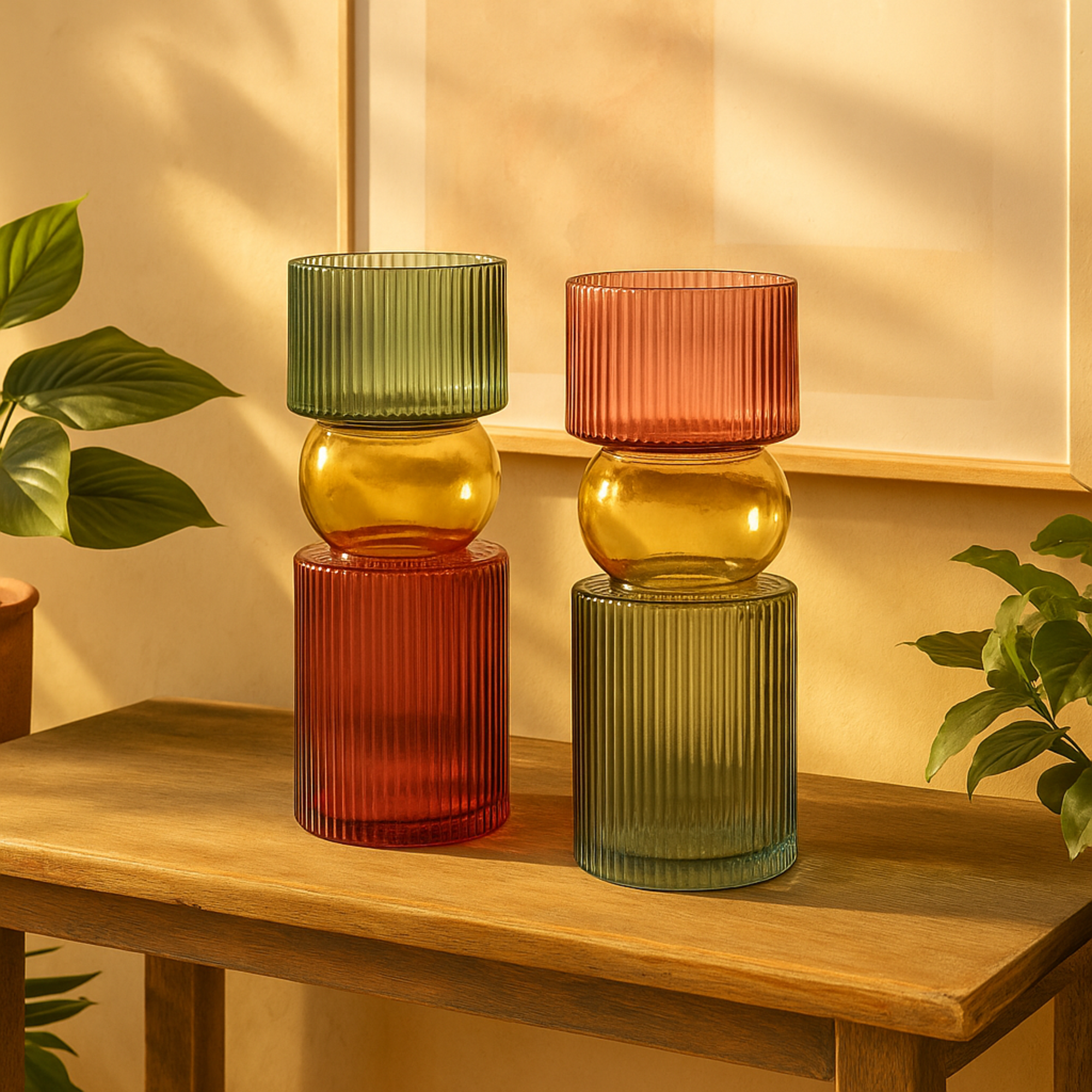 Set of 2 Geometric Multi Colored Glass Ribbed Decorative Vase with Color Blocks