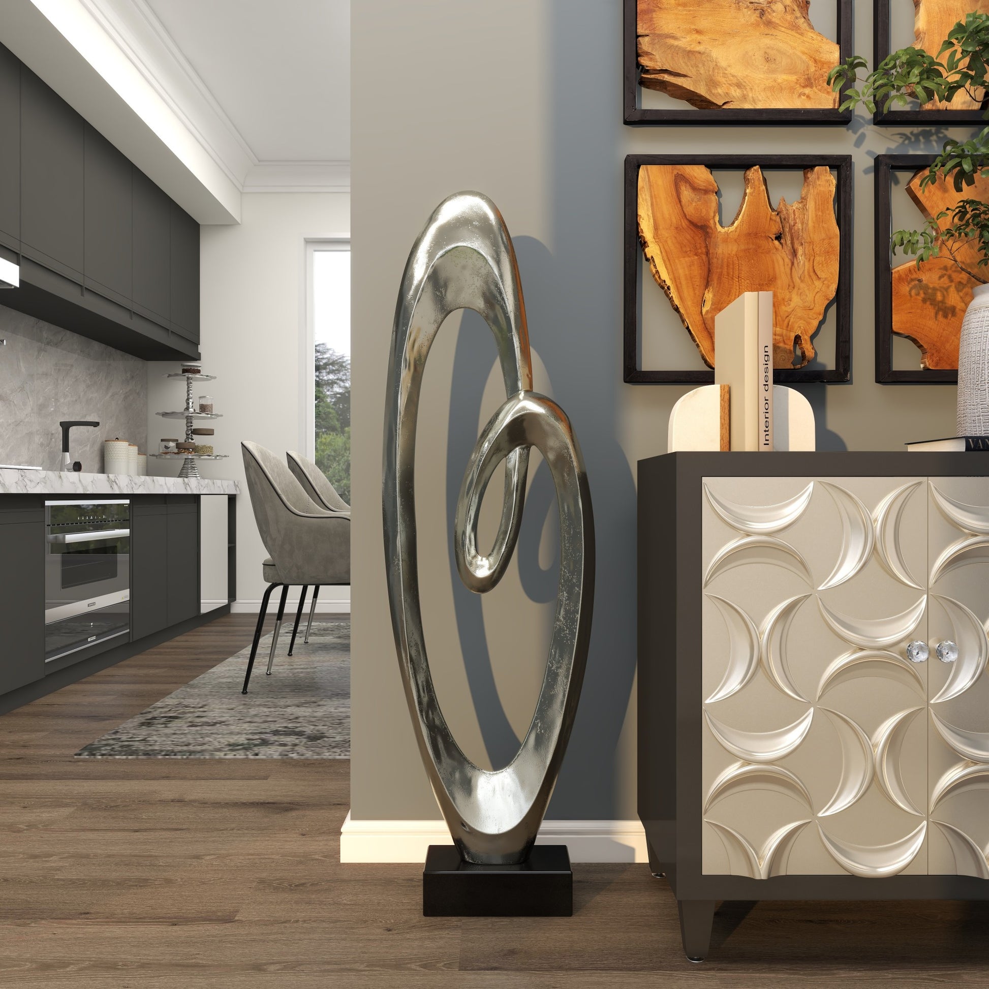 Abstract Aluminum Metal Tall Floor Loop Decorative Sculpture with Black Marble Base 16" x 5" x 52"