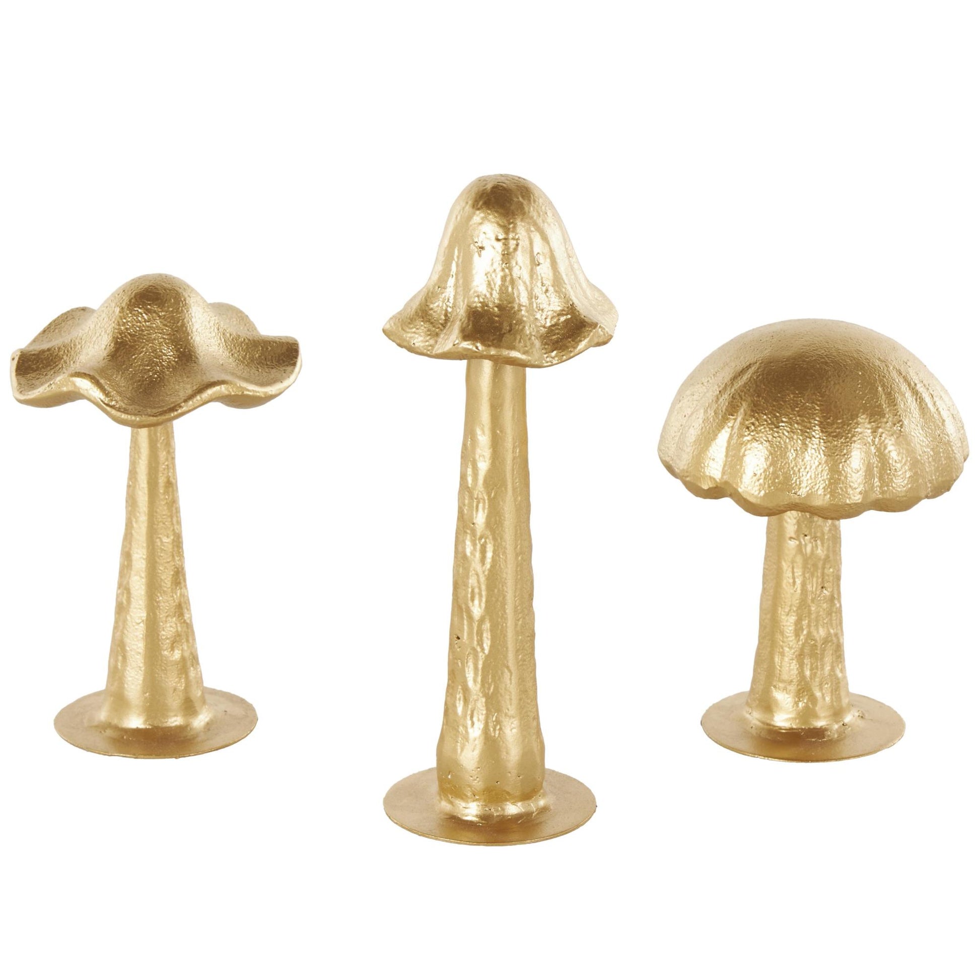 Set of 3 Mushroom Gold Metal Metallic Decorative Sculpture with Round Base
