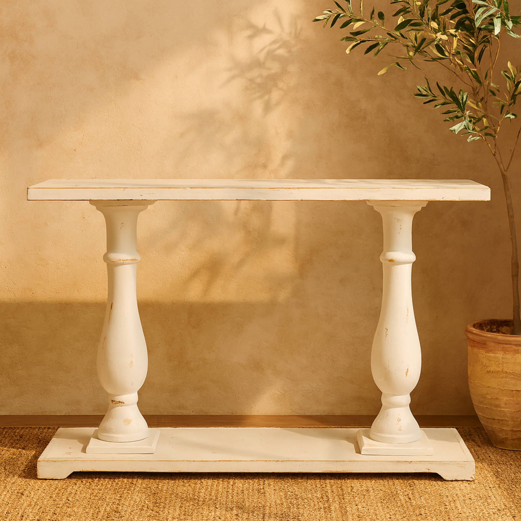White Wood Rectangular Living Room Console Table with Distressed Accents