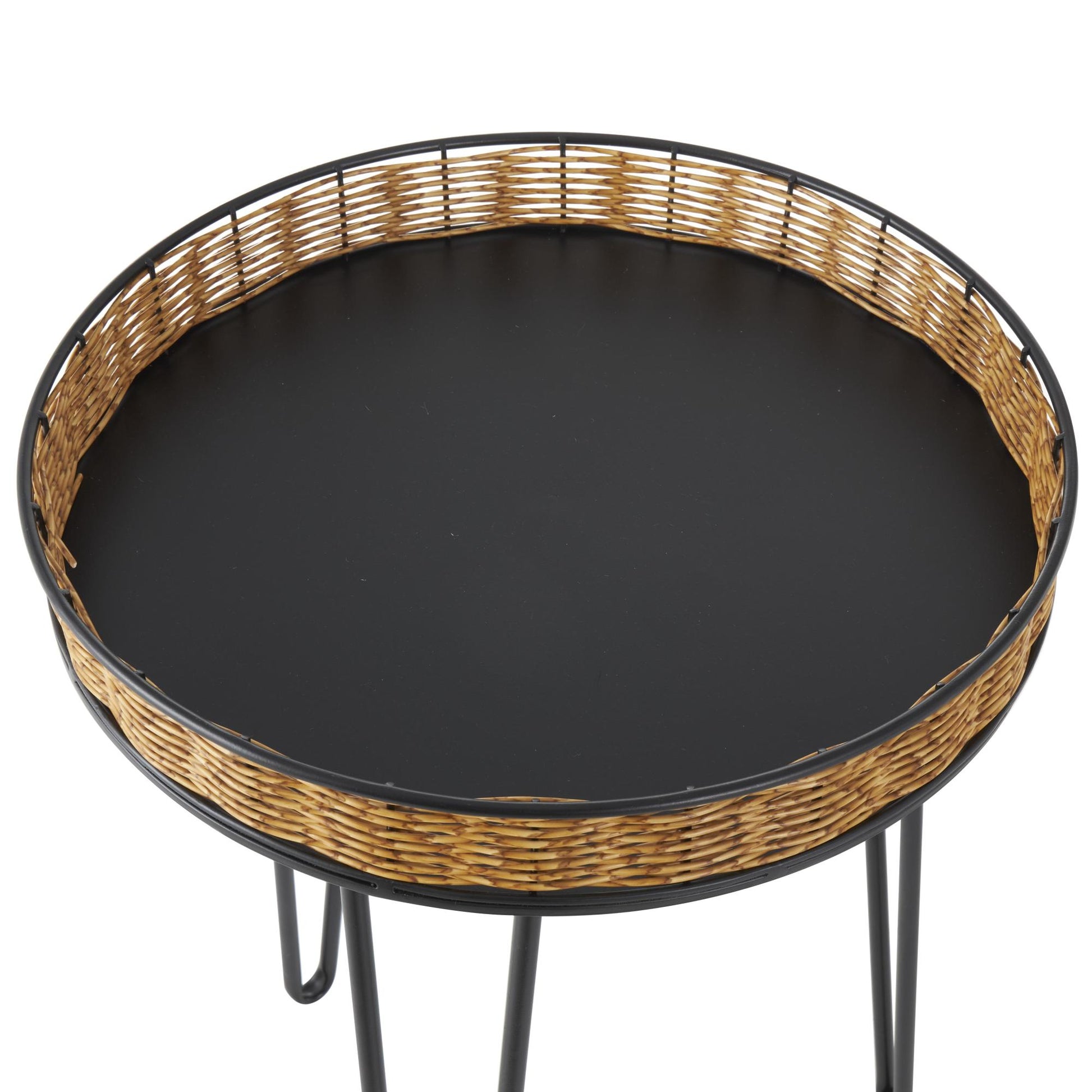 Set of 3 Black Metal Handmade Side End Accent Table with Rattan Edges Tabletops