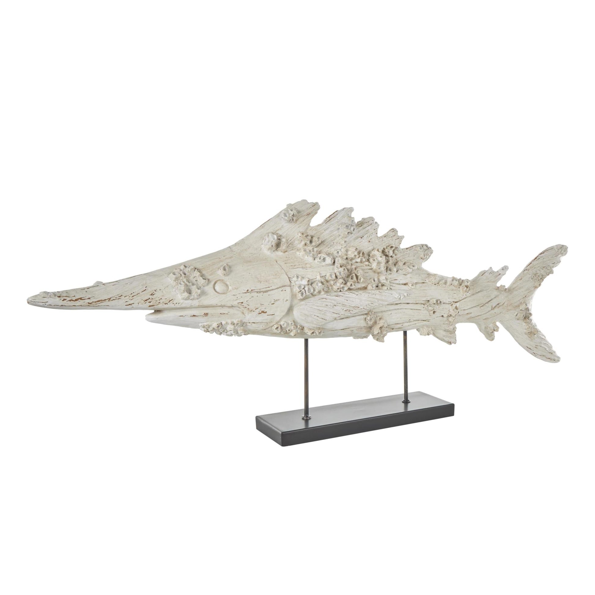 Fish Cream Polystone Textured Decorative Sculpture with Brown Distressing and Black Metal Stand