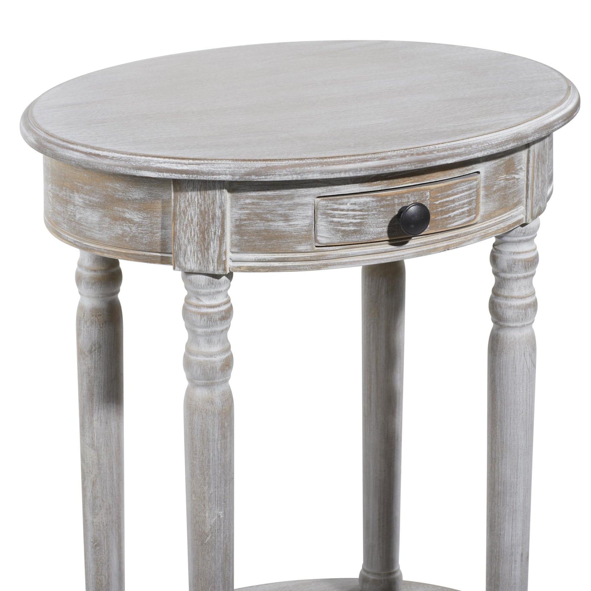 Light Brown Wood Whitewashed Oval 1 Drawer Side End Accent Table