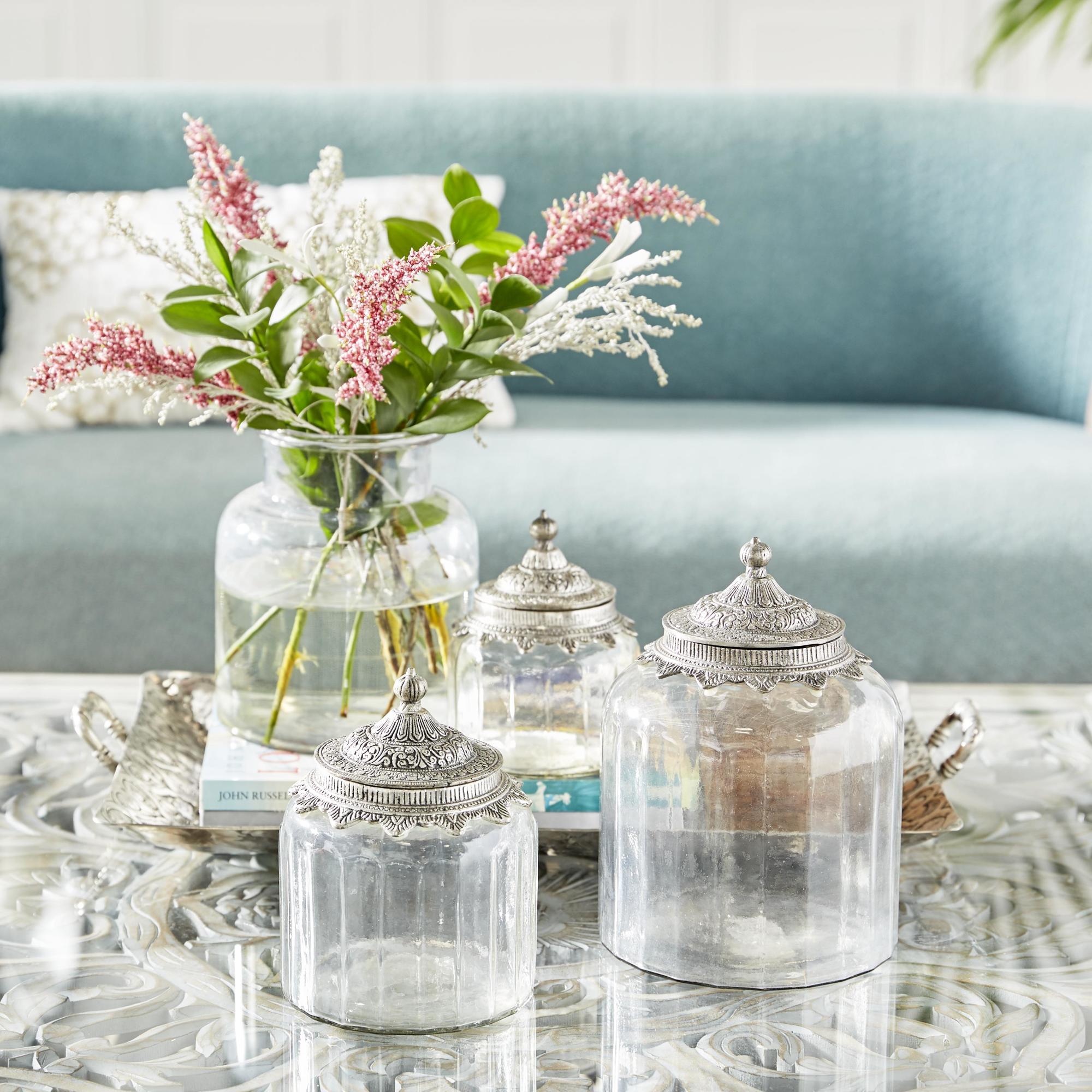 Set of 3 Clear Glass Living Room Decorative Jars with Engraved Silver Lids