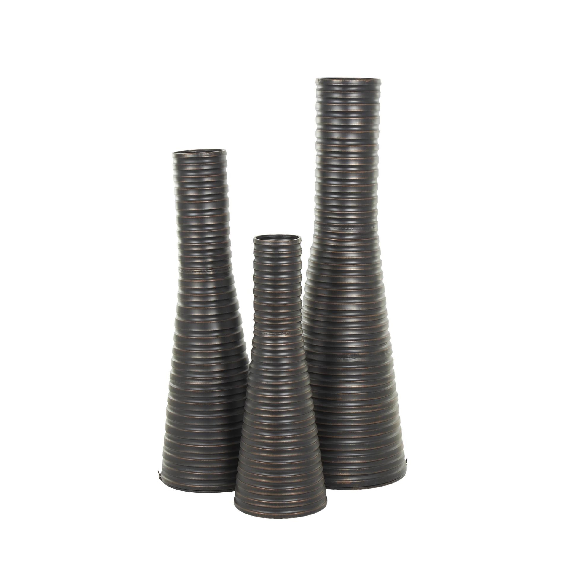 Set of 3 Bronze Metal Ribbed Tall Cone Floor Decorative Vase with Horizontal Grooves