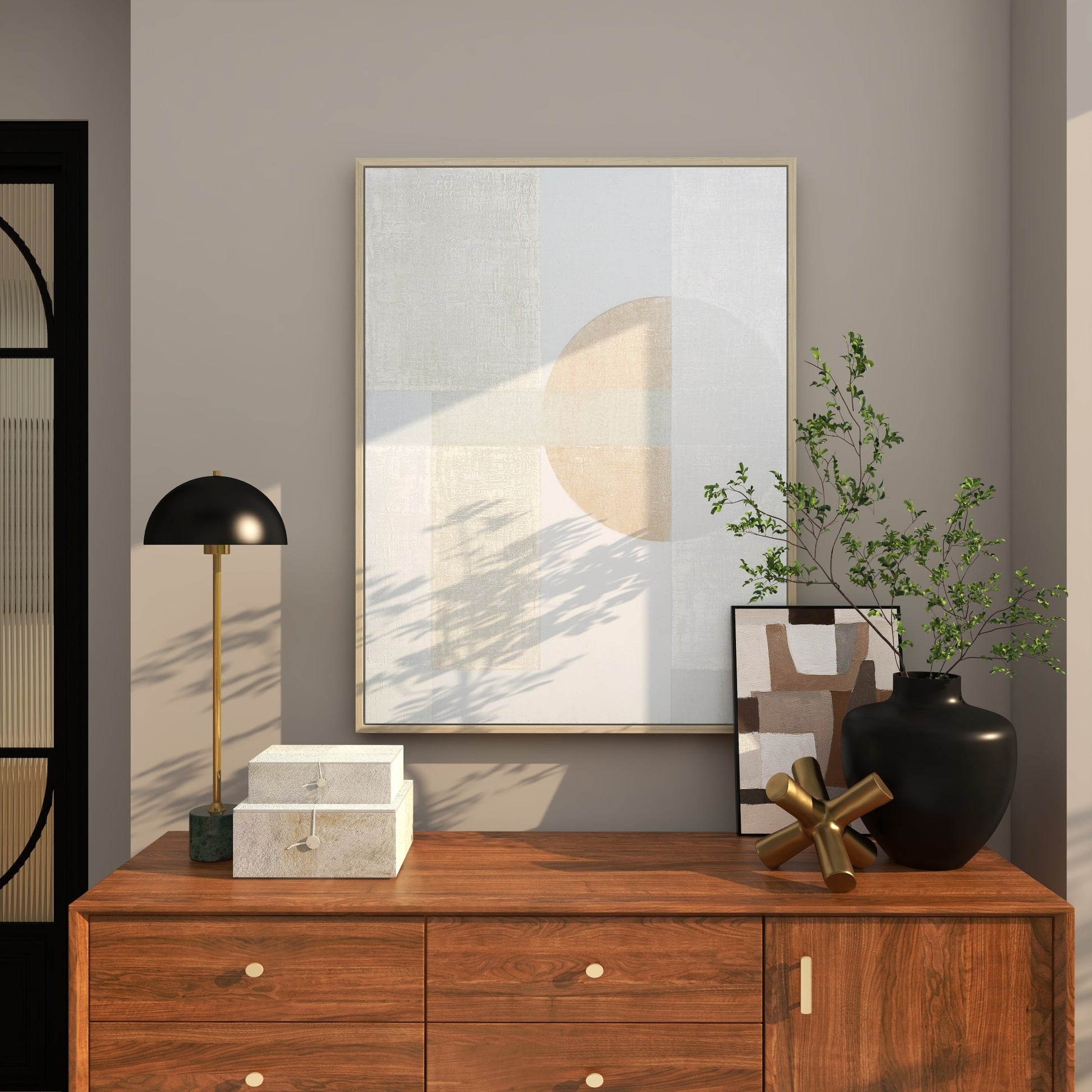 Geometric Canvas Mid Century Modern Shape Living Room Framed Wall Art with Light Wood Frame