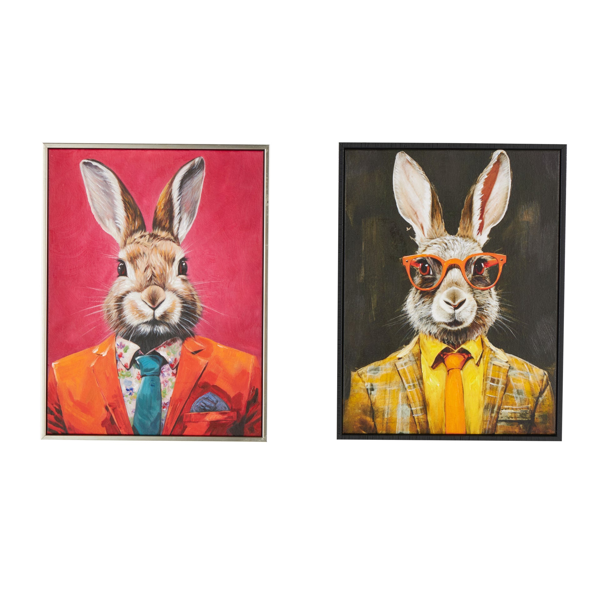 Set of 2 Rabbit Multi Colored Canvas Business Living Room Framed Wall Art with Glasses and Handkerchief