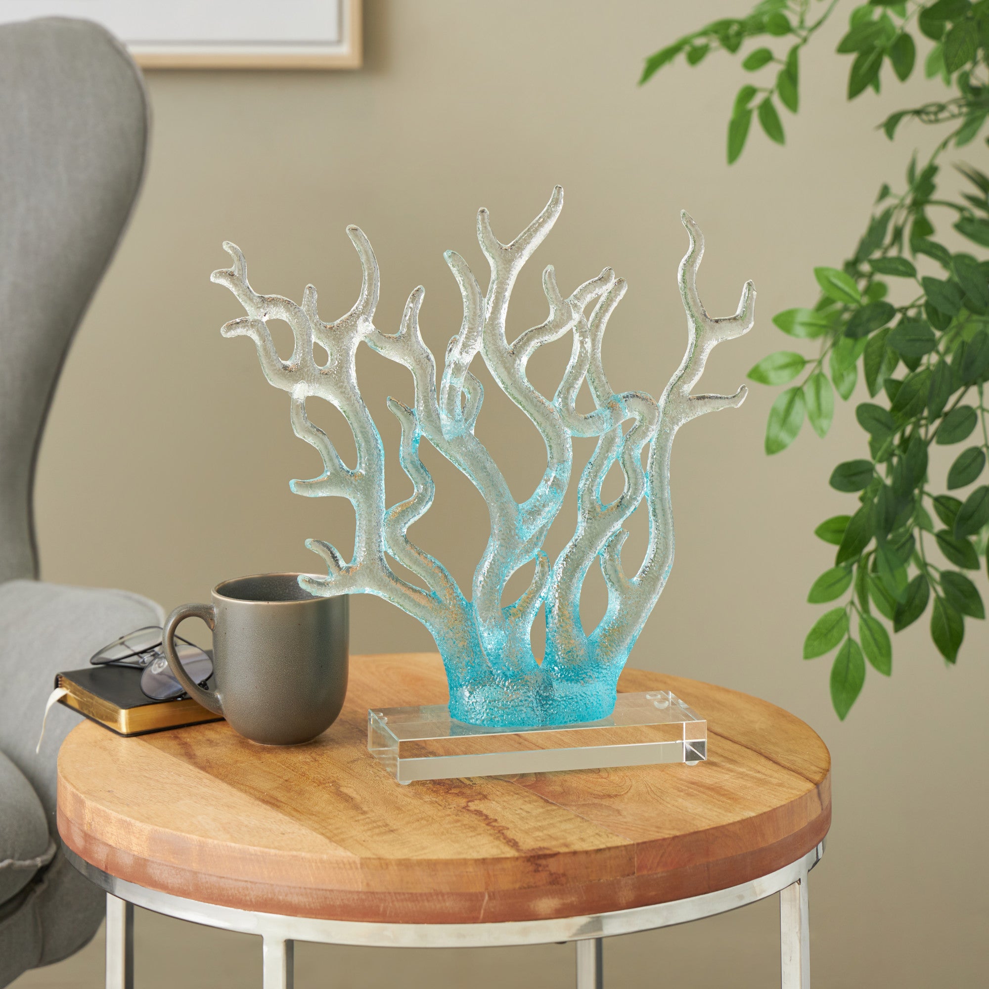 Coral Blue Glass Ombre Decorative Sculpture with Clear Rectangle Base