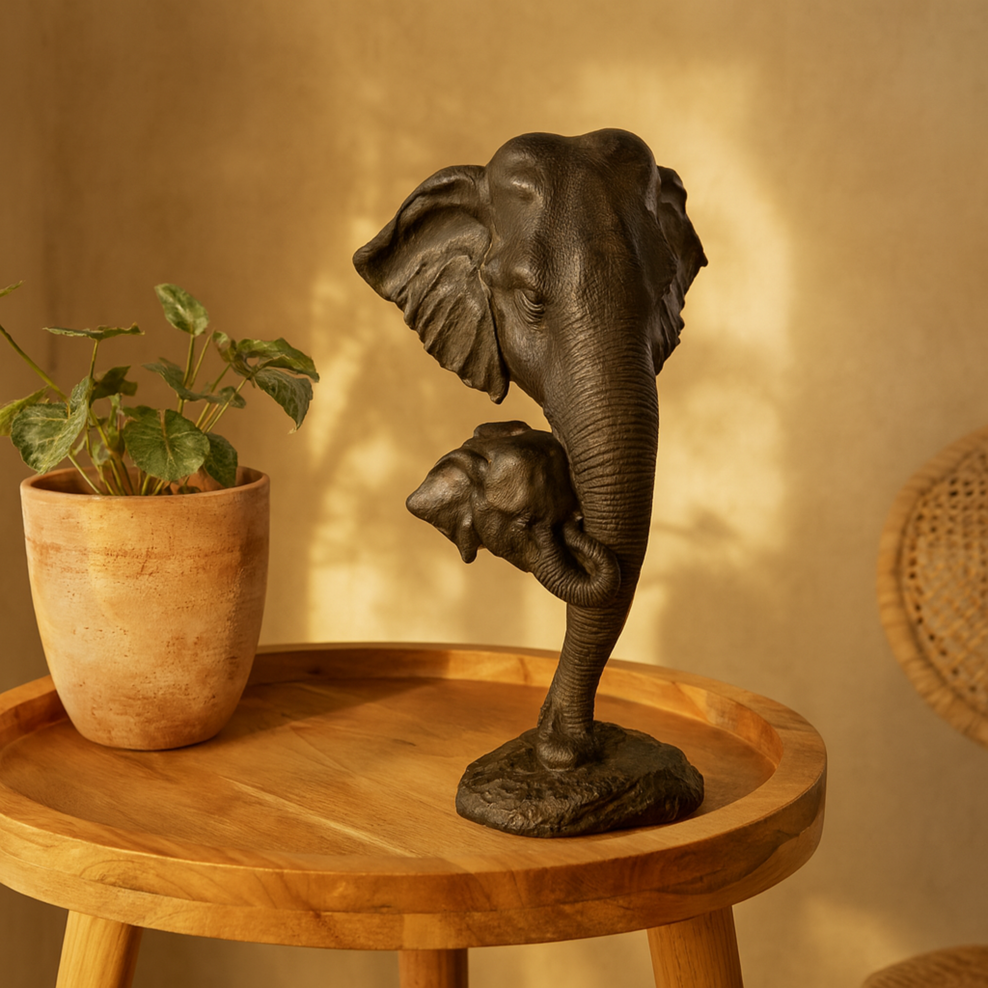 Elephant Black Polystone Mom and Baby Decorative Sculpture