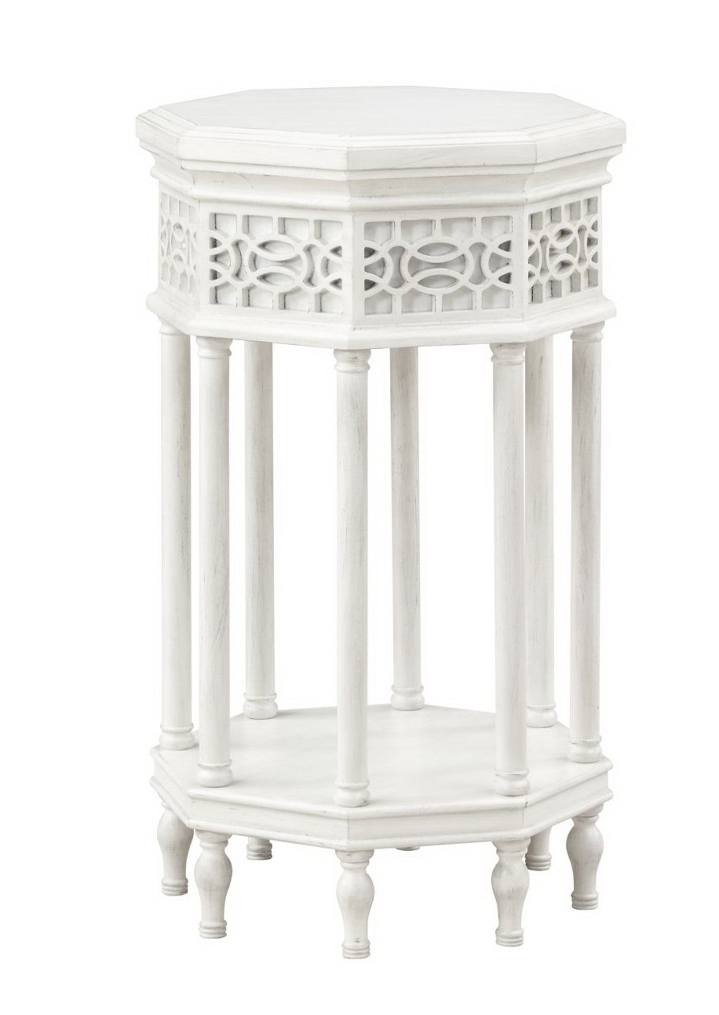Geometric White Wooden Octagon Side End Accent Table with Elegant Carved Pattern and 8 Turned Pillar Legs