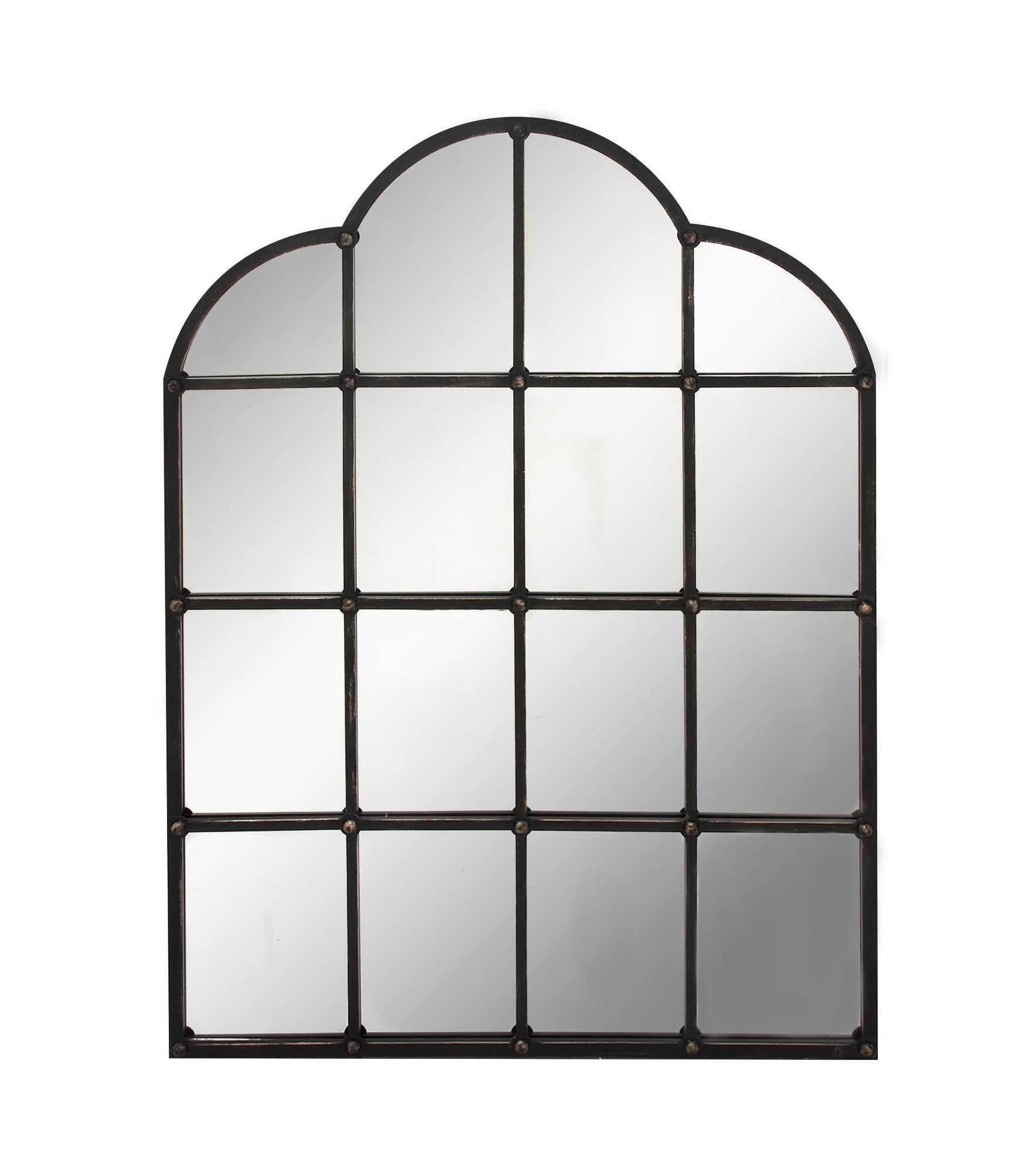 Black Metal Window Pane Inspired Room Wall Mirror with Arched Tops and Studs