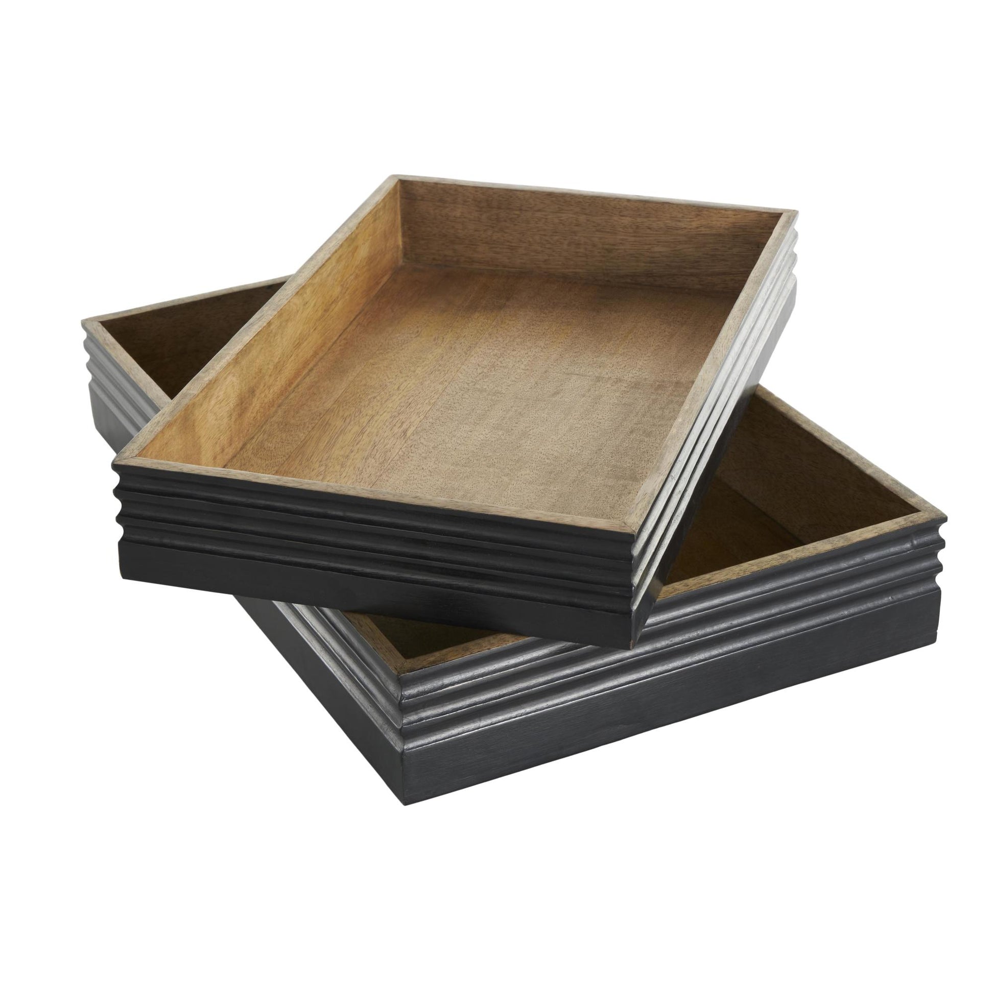 Set of 2 Brown Mango Wood Handmade Living Room Decor Tray with Black Groove Exterior