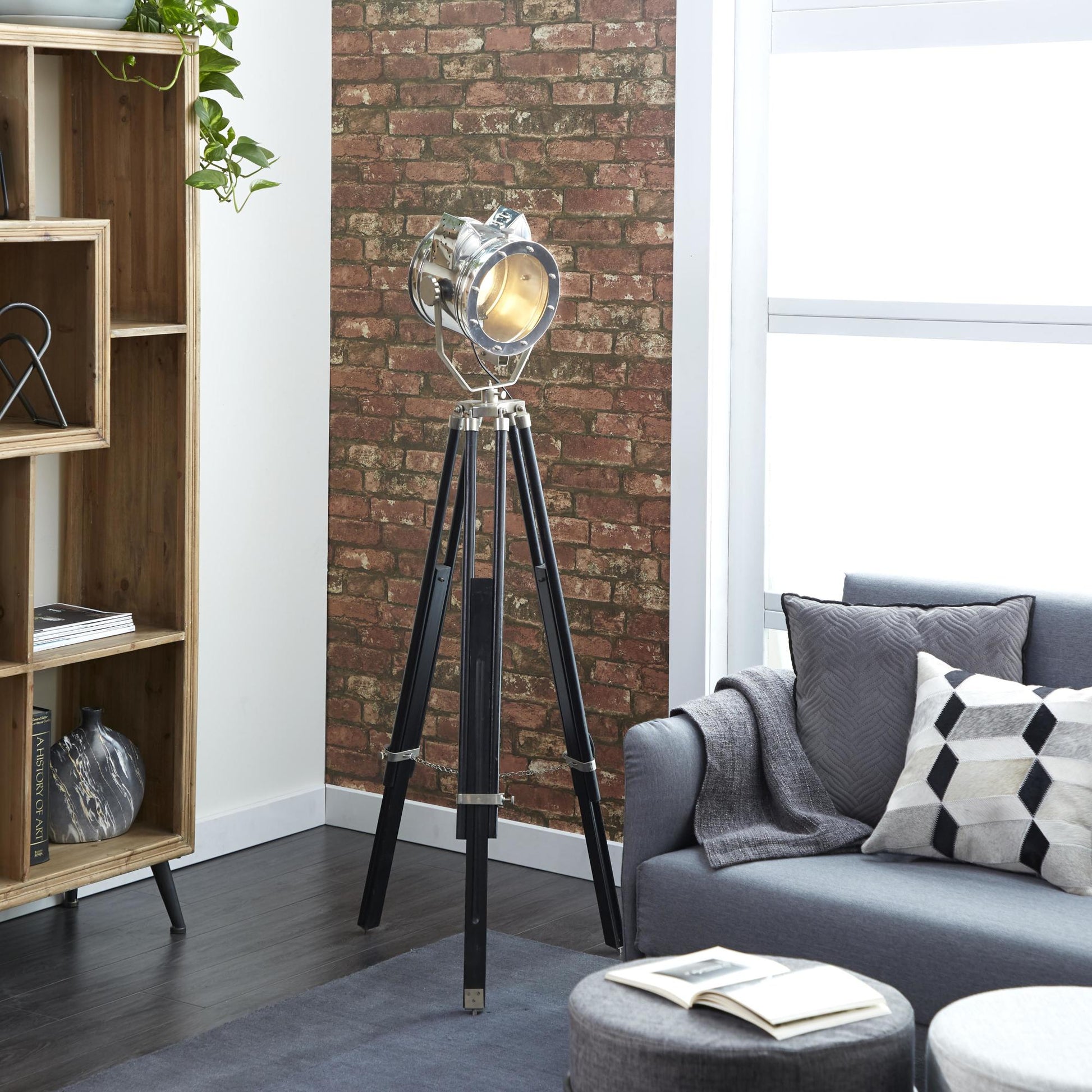Black Wood Spotlight Room Floor Lamp with Silver Metal Accents